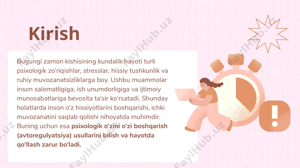 gatilgan: har kuni 10 daqiqa chuqur nafas olish texnikasi; ertalab va kechqurun ijobiy afirmatsiyalar (masalan: “men buni uddalay olaman”); konsentratsiya va meditatsiya mashqlari. 10 kun o‘tib, talaba o‘zining ichki holati barqarorlashgani, o‘ziga bo‘lgan ishonch kuchaygani va imtihonda yuqori baho olgani haqida xabar bergan. bu shuni ko‘rsatadiki, o‘zini o‘zi boshqarish usullari turli yosh va kasbdagi insonlar uchun ijobiy ta’sir ko‘rsatadi. ular insonning ichki resurslarini faollashtiradi, emotsional barqarorlikni oshiradi va hayot sifatini yaxshilaydi. tadqiqotlar va amaliy misollar asosida shuni ta’kidlash mumkinki, o‘zini o‘zi boshqarish — bu har qanday inson uchun zarur bo‘lgan psixologik ko‘nikmadir. bu usullar stressni kamaytirish, diqqatni jamlash, ruhiy muvozanatni tiklash, ichki ishonchni oshirishda samarali vosita bo‘lib xizmat qiladi. 6. foydalanilgan adabiyotlar: bandura a. social foundations of thought and action. prentice-hall, 1986. lazarus r.s., folkman s. stress, appraisal, and coping. springer publishing, 1984. xudoyberganova d. psixologiya asoslari, toshkent, 2021. karimova m.m. shaxs psixologiyasi, toshkent, 2020. www.apa.org – american psychological association …