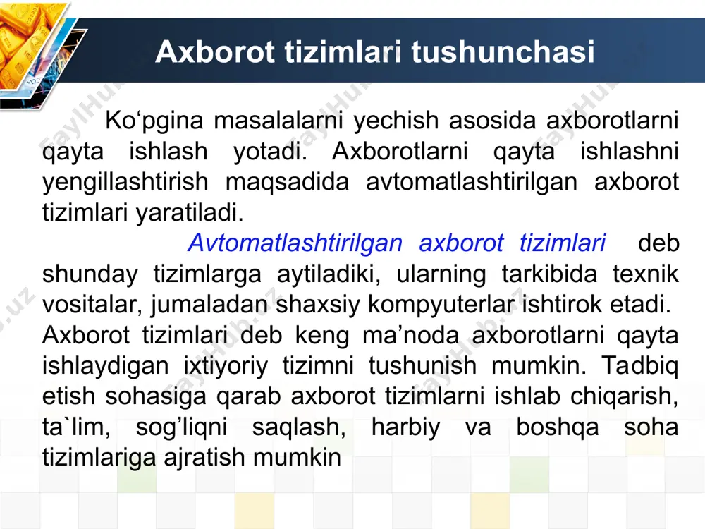 ida ham ishlatiladi. boshqacha talqinda ma’lumotlar banki deyilganda ma’lumotlar bazasi uni boshqarish tizimi(mbbt) tushuniladi. mb ni ishlatish afzalliklari: ixchamligi; axborotlarni qayta ishlash tezligini oshishi; kam mehnat sarfi; har doim yangi axborot olish imkoniyati mavjudligi; ma’lumotlarni ortiqchaligini kamayishi va boshqalar. ma’lumotlar bazasini boshqarish tizimi katta hajmdagi ma’lumotlar va ularni qayta ishlash internetda 1 minutda nimalar bo’ladi ? katta ma'lumotlar tushunchasi va ilovalari katta ma'lumotlar - bu juda katta hajmdagi va xilma-xillikdagi tuzilgan va tuzilmagan ma'lumotlar, shuningdek, axborotni taqsimlangan tahlil qilish imkonini beruvchi ularni qayta ishlash usullari. katta ma'lumotlarning funktsiyalari va vazifalari funktsiya vazifa katta ma'lumotlar - haqiqiy xom ma'lumotlar massivlari doimiy yangilanadigan katta hajmdagi ma'lumotlarni saqlash va boshqarish ma'lumotlar konchilik - ma'lumotlarni qayta ishlash va tizimlashtirish jarayoni, naqshlarni aniqlash uchun tahlil bosqichi turli xil ma'lumotlarni tuzish, uni umumiy maxrajga etkazish uchun yashirin va noaniq aloqalarni izlash mashina o'rganish - tahlil jarayonida aniqlangan aloqalarga asoslangan mashinani o'rganish jarayoni qayta ishlangan va tuzilgan …