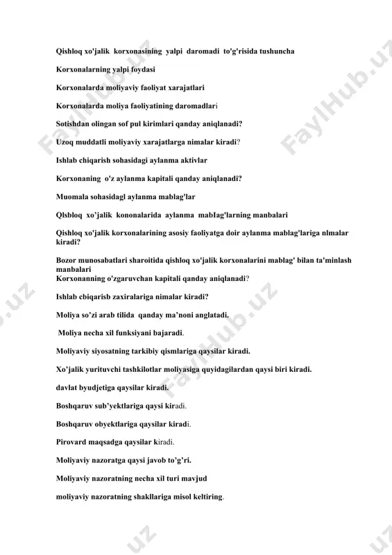 alarda moliya faoliyatining daromadlari sotishdan olingan sof pul kirimlari qanday aniqlanadi? uzoq muddatli moliyaviy xarajatlarga nimalar kiradi? ishlab chiqarish sohasidagi ауlаnmа aktivlar korxonaning o'z ауlаnmа kapitali qanday aniqlanadi? muomala sohasidagl aylanma mablag'lar qlsbloq xo’jalik kononalarida aylanma mabiag'larning manbalari qishloq xo'jalik korxonalarining asosiy faoliyatga doir аylanma mablag'lariga nlmalar kiradi? bozor munosabatlari sharoitida qishloq xo'jalik korxonalarini mablag' bilan ta'minlash manbalari korxonanning o'zgaruvchan kapitali qanday aniqlanadi? ishlab cbiqarisb zaxiralariga nimalar kiradi? moliya so’zi arab tilida qanday ma’noni anglatadi. moliya necha xil funksiyani bajaradi. moliyaviy siyosatning tarkibiy qismlariga qaysilar kiradi. xo’jalik yurituvchi tashkilotlar moliyasiga quyidagilardan qaysi biri kiradi. davlat byudjetiga qaysilar kiradi. boshqaruv sub’yektlariga qaysi kiradi. boshqaruv obyektlariga qaysilar kiradi. pirovard maqsadga qaysilar kiradi. moliyaviy nazoratga qaysi javob to’g’ri. moliyaviy nazoratning necha xil turi mavjud moliyaviy nazoratning shakllariga misol keltiring. boshqaruv obyektlariga qaysilar kiradi. moliyaviy siyosatning tarkibiy qismlariga qaysi kiradi. moliyaviy nazorat deganda nimani tushunasiz. moliyaviy munosabat jarayonlari nimada namoyon bo‘ladi: moliyaning mohiyati nimada …
