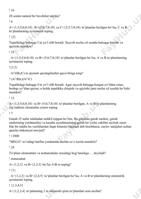 n bo‘lsa, a va b to‘plamlarning ayirmasini toping. !{1;3} . a∩(b∪c) ni qiymati quydagilardan qaysi biriga teng? ! (a∩b)∪(a∩c) tepalikdagi buloqqa 4 ta yo‘l olib boradi. agar sayyoh buloqqa borgan yo‘lidan emas, boshqa yo‘ldan qaytsa, u holda tepalikka chiqishi va qaytishi jami necha xil usulda bo‘lishi mumkin? ! 12 a={1;3;5;6;8;10} va b={5;6;7;8;10} to‘plamlar berilgan. a va b to‘plamlarning yig‘indisini elementlar sonini toping. ! 7 guruh 25 nafar talabadan tashkil topgan bo‘lsin. bu guruhda guruh sardori, guruh sardorining yordamchisi va kasaba uyushmasining guruh bo‘yicha vakilini saylash zarur. har bir talaba bu vazifalardan faqat bittasini bajaradi deb hisoblansa, saylov natijalari uchun qancha imkoniyat mavjud? ! 13800 "mega" so‘zidagi harflar yordamida nechta so‘z tuzish mumkin? ! 24 to‘plam elementlari va tushunchalar orasidagi bog‘lanishga … deyiladi? ! munosabat a={1,2,3} va b={2,3,5} bo‘lsa a\b ni toping? ! {1} . a={1,2,3} va b={2,4,5} to‘plamlar berilgan bo‘lsa, a va b to‘plamlarning simmetrik ayirmasini toping. ! {1,3,4,5} a={1,2,3,4} …