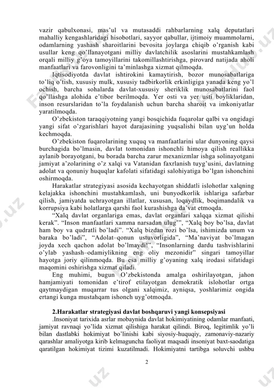 quq va erkinliklarini ta’minlash, jamiyat hayotining barcha sohalarini yanada liberallashtirish borasida keng ko’lamli islohotlar amalga oshirilmoqda. xalq davlat hokimiyatining birdan-bir manbai ekani haqidagi konstitusiyaviy tamoyil asosida xalq bilan muloqot davlat siyosati darajasiga ko’tarildi. mamlakatni innovasion rivojlantirish, odamlarda faol fuqaroliq pozisiyasi va tashabbuskorlikni kuchaytirish, mustaqil dunyoqarash va fikrlash ko’nikmasini shakllantirish, jamiyatda adolat ustuvorligini ta’minlash, xuquqiy-demokratik davlat asoslarini mustahkamlash, korrupsiyaga qarshi kurash, jaholatga qarshi ma’rifat bilan kurashish bo’yicha muhim vazifalar amalga oshirildi. jamiyat hayotining barcha bo’g’inlarida xalq bilan muloqotning turli shakl va vositalari, jumladan, xalq qabulxonalari, virtual qabulxonalar, bosh vazir qabulxonasi, mas’ul va mutasaddi rahbarlarning xalq deputatlari mahalliy kengashlaridagi hisobotlari, sayyor qabullar, ijtimoiy muammolarni, odamlarning yashash sharoitlarini bevosita joylarga chiqib o’rganish kabi usullar keng qo’llanayotgani milliy davlatchilik asoslarini mustahkamlash orqali milliy g’oya tamoyillarini takomillashtirishga, pirovard natijada aholi manfaatlari va farovonligini ta’minlashga xizmat qilmoqda. iqtisodiyotda davlat ishtirokini kamaytirish, bozor munosabatlariga to’liq o’tish, xususiy mulk, xususiy tadbirkorlik erkinligiga yanada keng yo’l ochish, barcha sohalarda …