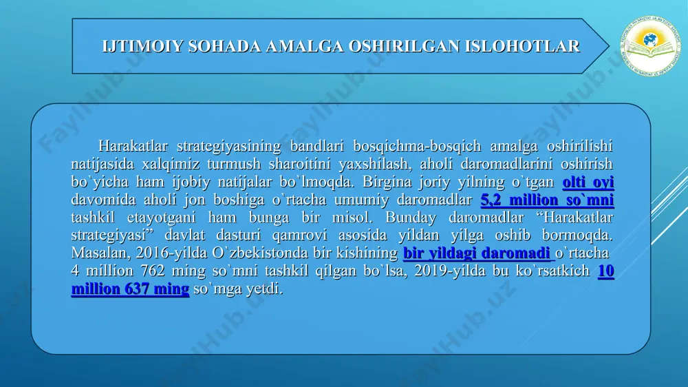 qtisodiy taraqqiyot va kambag'allikni qisqartirish vazirligi aholini arzon va sifatli uy joy bilan ta’minlash eslatib o`tish joizki, o`zbekiston respublikasi prezidentining 2016-yil 21-oktabrdagi “2017-2021-yillarda qishloq joylarda yangilangan namunaviy loyihalar bo`yicha arzon uy-joylar qurish dasturi to`g`risida”gi qarori, oradan bir oy o`tib, yaʼni 22-noyabrda “2017-2020-yillarda shaharlarda arzon ko`p qavatli uylarni qurish va rekonstruksiya qilish dasturini amalga oshirish chora-tadbirlari to`g`risida”gi qarori qabul qilindi. ko`rinib turibdiki, endilikda qishloqlar ham, shaharlar ham ulkan bunyodkorlik ishlari bilan qamrab olindi. hamma joyda arzon va sifatli uylar qurilishi jadal tus oldi. iqtisodiy sohadagi yutuqlar va islohotlar taraqqiyotga erishish uchun amalga oshirilayotgan islohotlar natijasida 2020-yilning 1-iyun holati bo`yicha mamlakatimizda yalpi ichki mahsulot hajmi 255 252,6 mlrd. soʼmni tashkil etdi. аholining faol qatlamini kichik biznes va tadbirkorlikka keng jalb etish maqsadida olib borilgan say-harakatlar natijasida, 2020-yilning yanvar-iyun oylari davomida 46,6 mingta yangi kichik korxona va mikrofirmalar tashkil etildi. o`zbekistonda yaim hajmiini o`sish sur’atlari 511 838,1 406 648,5 302 536,8 242 495,5 …