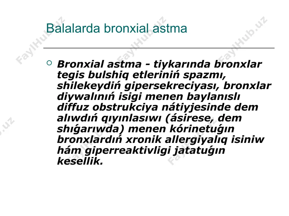 ókpe atelektazi. pnevmotoroks. teri astı mediastenal emfizeması. ókpe júregi. ókpe emfizeması. balalarda ba nıń awırlıǵı kriteriyaları intermitirleniwshi ba jeńil persistiyalı ortasha awırlıq awır qáliplesiwshi háptege 1 retten kem háptege 1 márteden artıq hár kúni turaqlı kúndelikli simptomlar qısqa waqıtlı epizodik, qisqa waqitli tez-tez, kúndelikli β2-agonistlerden paydalanıw sozılǵan awır túngi - 2 aydan artıq emes kóbinese 2 márte /ayina. haftada 1 ret hár kúni fizikalıq aktiv, uyqı buzılmaǵan kúsheygende fizikalıq aktivlik, uyqı buzılıwı miynet qábiletiniń tómenlewi, fizikalıq aktivlik, uyqı fizikalıq aktivlikti ń shekleniwi, qısqa uyqı psv ≥ 80% psv 80% normadan; ofv1 va pshv 30%; ba klassifikaciyası auır persistrleniwshi ba iv dáreje simptomlar hár kúni bar; astma jaǵdayları; túngi simptomlar - hár kúni; fizikalıq aktivlikti sheklew; ofv1 yamasa psv kórsetkishleri - 60% ten kem normadan; ofv1 yamasa psv kúnlik terbelisleri > 30%; пикфлоуметр bronxlar ótkeriwsheńliginiń buzılıwı - dem alıwdaǵı hawa kólemi (psv - dem shigarıwdıń eń joqarı tezligi), l/min pikflowmetr (psv …