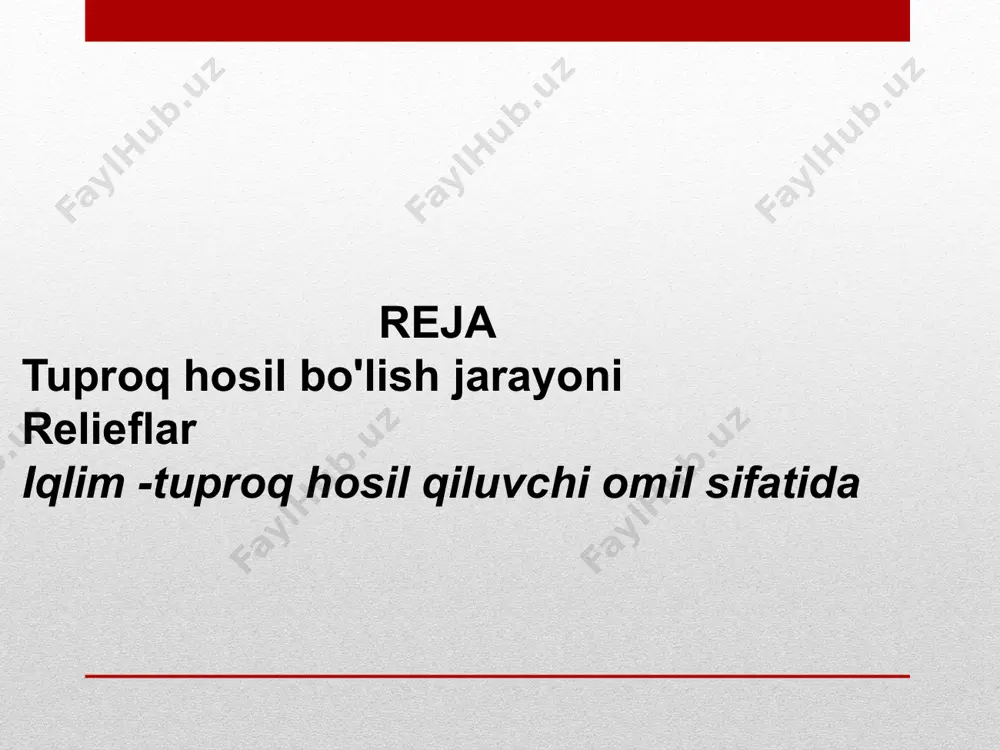 aniqladi. ona tosh er iqlim tirik organizmlar yoshi (vaqt) oltinchi omil ham borinsonning iqtisodiy faoliyati(tuproq shakllanishiga bevosita va bilvosita ta'sir qilish) ona zorlari tuproqning moddiy asosi bo‘lib, unga ularning granulometrik, mineralogik va kimyoviy tarkibi hamda fizik xossalarini beradi. biologik mahsuldorlikka, o'simlik qoldiqlarining parchalanish tezligiga va chirindi hosil bo'lishiga bog'liq eng qimmatlilari: karbonatli lyess va lyusga o'xshash tuproqlar, karbonatsiz qumloqlar, allyuvial tuproqlar. relief yer yuzasining turli masshtabdagi shakllari majmui megarelef-er yuzasining katta notekisliklari (materik massivlari va okean tubsizliklari) mezorelief-o'rta yer yuzasining shakllari (maydoni kichik, balandligi 10 m gacha o'zgarishi). nishablar, bo'shliqlar, to'sinlar, teraslar mikrorelef-1 m gacha tebranishlari bo'lgan kichik relef shakllari (saucerlar, tuberkullar) makrorelyef-yer yuzasining yirik shakllari (katta maydon, balandlikning yuzlab m ga o'zgarishi, km). togʻ tizmalari, platolar, tekisliklar nanorelyef(tuproqqa ishlov berish bilan bog'liq bo'shliqlar, bo'rtiqlar, jo'yaklar) relyefning mega va makroformalari(materiklar, okeanlar, tog 'tizimlari) havo massalarining shakllanishida va er yuzasida issiqlik va namlikning qayta taqsimlanishida, iqlim va ob-havo sharoitlarini aniqlashda va …