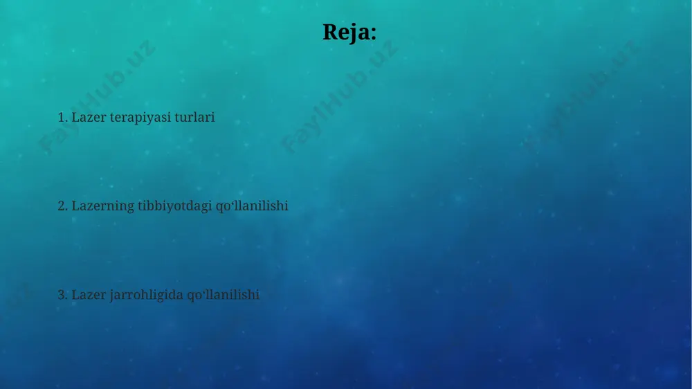 ʻq qilish imkoniyatiga ega boʻlib, bu esa qon ketish xavfini sezilarli darajada kamaytiradi va operatsiya natijalarini yaxshilaydi. jahon sogʻliqni saqlash tashkilotining maʼlumotlariga koʻra, yiliga 2 millionga yaqin odam miya shishi bilan kasallanadi va lazer jarrohligi ushbu kasallikni davolashda muhim rol oʻynaydi, ayniqsa, qiyin joylashgan shishlarni olib tashlashda samarali. lazer terapiyasining afzalliklari va kamchiliklari lazer terapiyasi minimal invaziv bo'lib, 1-2 mm kesmalar orqali amalga oshiriladi, bu esa bemorlarning tezroq tiklanishiga va 70% gacha og'riqni kamayishiga olib keladi, masalan, ko'pgina klinikalarda, toshkent shahrida qo'llaniladi. yuqori aniqlikdagi lazerlar, masalan, excimer lazerlari, ko'z kasalliklarini davolashda, 90% dan yuqori muvaffaqiyat darajasini ta'minlab, katarakta va glaukoma kabi muammolarni hal qiladi, jahon miqyosida esa 50 dan ortiq mamlakatda qo'llaniladi. ba'zi lazer turlari, masalan, co2 lazerlari, to'qimalarga zarar yetkazishi mumkin, shuningdek, yuqori narxga ega bo'lib, 10000 aqsh dollaridan yuqori bo'lishi mumkin va davolash jarayoni samarqanddagi muassasalarga qaraganda ancha qimmatga tushadi. stomatologiyada lazer texnologiyalari dioddan foydalaniladigan lazerli gingivoplastka jarrohlik …