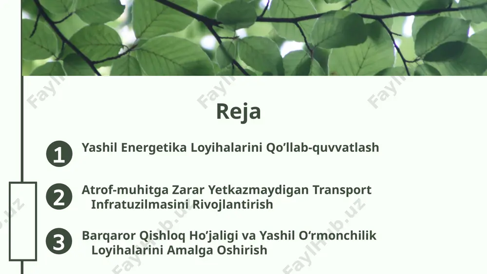 va energiya samaradorligini o'z ichiga olgan to'rtta asosiy strategiyani ko'rib chiqamiz. har bir strategiyaning afzalliklari va kamchiliklari swot tahlili yordamida baholanadi. quyosh energetikasi quyosh energiyasi strategiyasi energiya ishlab chiqarishning eng barqaror usuli bo'lib, quyosh panelini o'rnatish orqali amalga oshiriladi. afzalliklari: qayta tiklanadigan energiya manbai, kam chiqindilar. kamchiliklari: boshlang'ich investitsiyalar yuqori bo'lishi mumkin. shamol energetikasi shamol energiyasi strategiyasi shamol turbinalarini o'rnatishga asoslanadi. afzalliklari: energiya ishlab chiqarishning arzonligi va tezligi. kamchiliklari: ob-havoga bog'liqlik va joylashuv masalalari. biomassa va energiya samaradorligi photo by jason mavrommatis on unsplash photo by john cameron on unsplash photo by artem kniaz on unsplash 01 02 03 04.26.24 atrof-muhitga zarar yetkazmaydigan transport turlari atrof-muhitga zarar yetkazmaydigan transport turlari, xususan, elektr transport vositalari va velosiped yo'llari, ekologik jihatdan toza yo'llar sifatida tanilgan. ularning rivojlanishi energiya tejamkorligini oshiradi va sog'liqni yaxshilaydi. misol uchun, elektr transport vositalari havo ifloslanishini kamaytiradi, velosiped yo'llari esa insonlarni jismoniy faollikka rag'batlantiradi. photo by chuttersnap on …