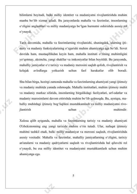 halla faollari tomonidan olib boriladigan ishlar, yoshlarni madaniyat va sportga jalb qilish, ijtimoiy muhofazaga qaratilgan dasturlar bilan bog'liqdir. buning natijasida, mahalla institutining ijtimoiy strukturasida sezilarli o'zgarishlar yuzaga kelmoqda. mahallalar faqat ijtimoiy muhitni saqlash emas, balki ularni rivojlantirish, yoshlarni tarbiyalash va mahalliy madaniyatni asrashda muhim platformaga aylanyapti. shuningdek, mahalliy jamiyatlarning rivojlanishi bilan bog'liq muhim omil — iqtisodiy o'zgarishlar va tashqi ta'sirlar bo'lib, ularning mahalla rivojlanishiga ta'siri katta. mahallalarda kichik biznes va hunarmandchilik rivojlanishi, shuningdek, qishloq xo‘jaligi, savdo va xizmat ko‘rsatish sohalarining kengayishi mahalliy iqtisodiyotning mustahkamlanishiga olib kelmoqda. bu jarayonlar, ayniqsa, mahalliy yoshlarning ish bilan ta’minlanishi va mahalla muhitining mustahkamlanishiga xizmat qilmoqda. mahalla rivojlanishining o'ziga xos xususiyatlari sifatida, mahalla rahbarlari va faollarining faol ishtiroki va mahalliy hukumatlar bilan hamkorligi muhim ahamiyatga ega. yana bir muhim jihat — madaniyat va tarixiy merosni asrash va rivojlantirishdagi rolidir. mahallalar, ayniqsa, boʻjay qishlogʻi kabi mahalliy jamoalar, o'z tarixiy yodgorliklarini saqlash va madaniy an'analarga amal qilish orqali, …
