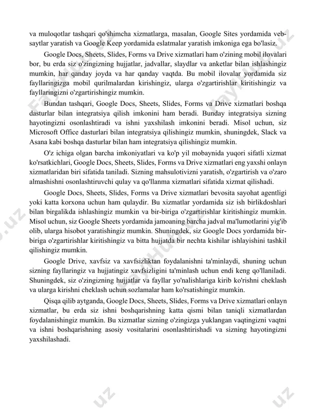 ydalanuvchilar bilan ulashish va qo'shimcha sozlashlarni belgilashingiz mumkin. google docs, sheets, slides, forms va drive xizmatlari qulay va tez-tez yangilanishlari va eng muhim yangiliklari ham taqdim etadi. bu xizmatlar bilan siz o'zingizga yuklangan vaqtingizni vaqtni va ishni boshqarishning asosiy vositalarini osonlashtirishingiz mumkin. bu xizmatlar onlayn ishlash va hamkorlik qilishga mo'ljallangan, shuning uchun siz doimiy ravishda foydalanishingiz mumkin. aynan shuning uchun, siz google docs, sheets, slides, forms va drive xizmatlarini o'rganish uchun qidiruvni davom ettirishingiz mumkin, bu xizmatlar sizga biznes va o'qish uchun qulaydir, shuningdek, ular ko'plab ulkan tajribalarga ega bo'lgan boshqa odamlar bilan hamkorlik qilish imkonini beradi. google docs, sheets, slides, forms va drive xizmatlarining bir necha boshqa foydalanish yo'nalishlari ham mavjud. masalan, siz google meet orqali onlayn ko'rishish va muloqotlar tashqari qo'shimcha xizmatlarga, masalan, google sites yordamida veb-saytlar yaratish va google keep yordamida eslatmalar yaratish imkoniga ega bo'lasiz. google docs, sheets, slides, forms va drive xizmatlari ham o'zining mobil …