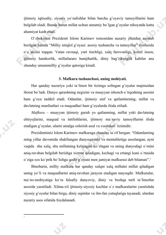 ni xalq millatni millat qiladigan uning yo`li va maqsadlarini aniq-ravshan jarayon etadigan mayoqdir. mafkuralar, ma`no-mohiyatiga ko`ra falsafiy dunyoviy, diniy va boshqa turli ta`limotlar asosida yaratiladi. xilma-xil ijtimoiy-siyosiy kuchlar o`z mafkuralarini yaratishda siyosiy g’oyalar bilan birga, diniy oqimlar va ilm-fan yutuqlariga tayanadi, ulardan nazariy asos sifatida foydalanadi. mafkuraning falsafiy ildizlari haqida fikr yuritganda, uning falsafa, ilmi xulosalariga asoslanishi nazarda tutiladi. bunga g’arbdagi uyg’onish davrni hamda o`rta asrlarda o`z milliy davlatchilikni tiklay boshlagan evropa xalqlarining har biri o`ziga xos mafkurasini yaratganini misol keltirish mumkin. mazkur mafkuralar rim imperiyasi parchalanganidan keyin o`z davlatchiligiga ega bo`lgan xalqlarning o`ziga xos qadriyatlari va mentaliteti zaminida vujudga kelgan milliy faosafalari asosida shakllandi. shu bois o`sha davrdagi italiyat, ingliz, francuz falsafasi o`z mansub bo`lgan jamiyatni birlashtirishga xizmat qildi. mafkuraning dunyoviy ildizlari ma`rifiy dunyoga xos siyosiy, iqtisodiy, ijtimoiy, madaniy munosabatlar majmuidan iboratdir. insoniyat asrlar mobaynida bosqichma-bosqich dunyoviylik sari intilib keldi. umume`tirof etilgan tamoyillar va qonun ustuvorligi, siyosiy imoralizm, millatlararo …