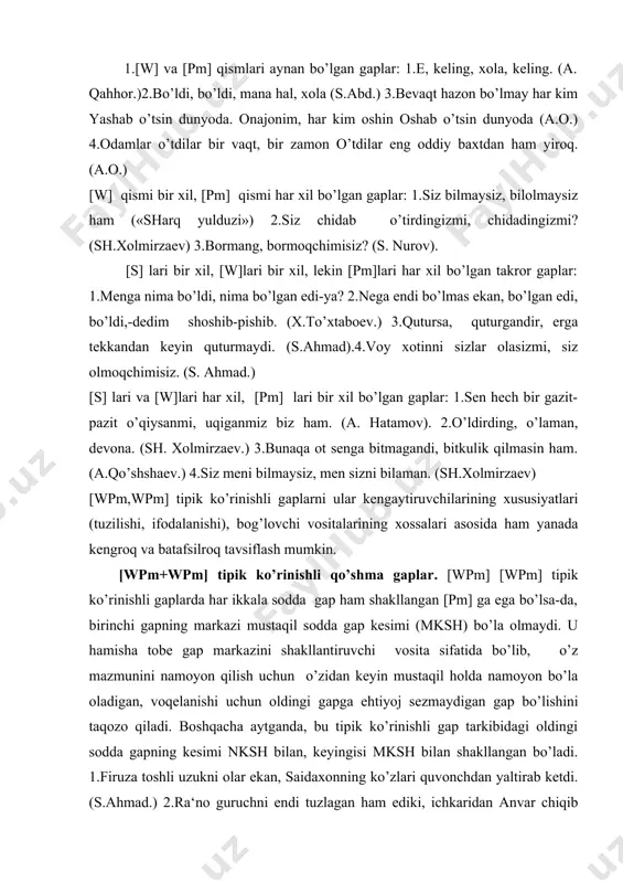 guruchni endi tuzlagan ham ediki, ichkaridan anvar chiqib keldi. 3.botirjon telefonda endi gaplashib bo’luvdiyam, choy ko’tarib qirmizxon kirib keldi. (n.aminov.) 4.havo ochilsa, aylanishga boramiz. (s.nuriy). 5.unga ustozi chin dildan barakalla barakalla desa, aziz ko’nglida to’lib turgan niyatini ham aytadi. bu gaplarning barchasidagi birinchi sodda gap mustaqil qo’llana olmaydi, qo’llanganda ham ushbu qo’shma gap tarkibidagi ma‘nolarni bera olmaydi. keyin turgan sodda gaplar esa bunday emas. [wpm wpm] tipli qo’shma gaplar tarkibidagi nomustaqil kesimni hosil qiluvchi turli-tuman vositalar bor. nomustaqil kesim shaklining o’zbek tilidagi tipik vakili shart mayli qushimchasi -sa dir. masalan, men o’qisam, u eshitadi gapida u eshitadi gapi o’z holicha mustaqil sodda gap bo’lib kela oladi, men o’qisam qismi esa qo’shma gap tarkibidan tashqari ham shu holicha mazkur mazmunni beraveradi. -sa qo’shimchasi bilan shakllangan kesimli gaplar mustaqil qo’llanaverishi ham mumkin. masalan: 1.avra-astarini ag’darib mohiyatiga nazar tashlasangiz. (s.azimov.) 2.qishloqqa borsam. (a.qahhor). 3.vatangadolikning men tortmagan azobu-uqubati, ozori bo’lmasa kerak. (s.azimov.) 4. nahotki, …