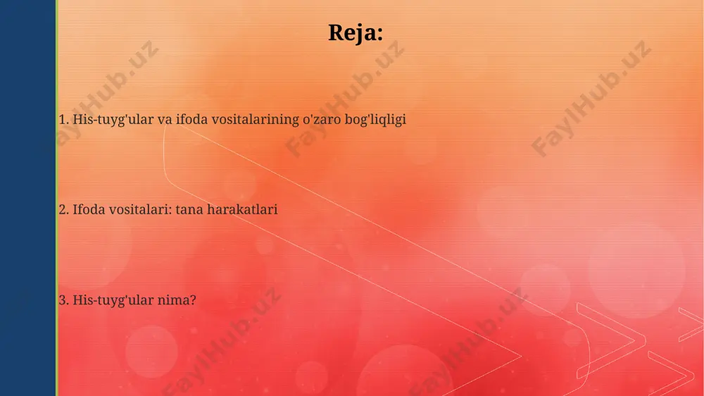 amlar o'z his-tuyg'ularini aniq va to'liq ifoda eta olmaydi, bu esa psixologik baholashni qiyinlashtiradi. tuyg'ularni ob'ektiv o'lchashning murakkabligi, masalan, fiziologik ko'rsatkichlar (yurak urishi, terlash) 30 dan ortiq turdagi his-tuyg'ularni aniq ajratib olishga imkon bermaydi, bu esa tadqiqotlarning ishonchliligini pasaytiradi. madaniy farqlar, masalan, yaponiya va aqshdagi yuz ifodalarini talqin qilishdagi 10% dan ortiq farqlar, tuyg'ularni universal tarzda aniqlashga xalaqit beradi. tuyg'ular va ijtimoiy munosabatlar ijtimoiy munosabatlarda 3 ta asosiy his-tuyg'u – mehr-muhabbat, g'azab va qo'rquv – samarqanddagi psixologlar guruhi tomonidan o'rganilgan asosiy omillar hisoblanadi. his-tuyg'ular insonlararo munosabatlarning 70% dan ortig'ini belgilaydi, 2023 yilgi tadqiqotlar shuni ko'rsatdiki, o'zbekistonda hissiy aqlning rivojlanishi ijtimoiy moslashuvga ijobiy ta'sir ko'rsatadi. bolalarda 5 yoshgacha hissiy ifoda vositalarining rivojlanishi toshkent shahridagi eksperimental maktabda o'tkazilgan kuzatuvlarga ko'ra, keyinchalik ijtimoiy muloqot ko'nikmalarining shakllanishiga ta'sir qiladi. his-tuyg'u nima? his-tuyg'ularning ifodalanishi, masalan, yuz ifodalari orqali, butun dunyo bo'ylab, jumladan, o'zbekistonning samarqand shahridagi odamlarda ham, madaniyatga bog'liq holda 6 dan ortiq universal ifoda …