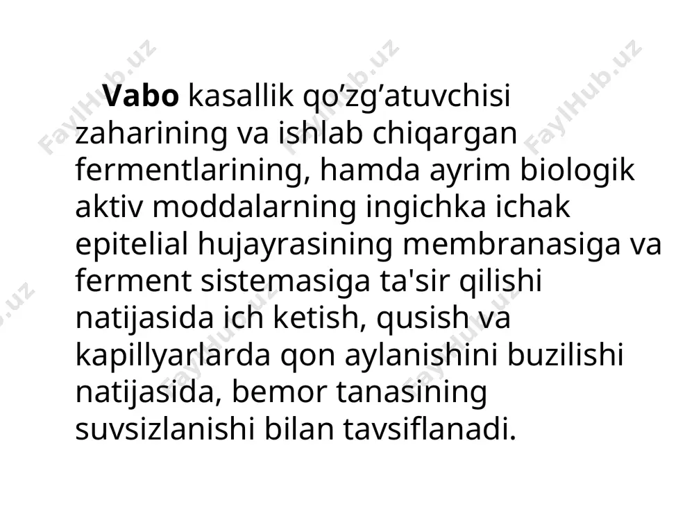 гача кутарилиши кузатилади нажас дастлаб одатдаги рангда ва характерда, сунгра рангсизланади, саргиш ёки яшил рангда булиши мумкин. дефекация,одатда огриксиз ва кучанишсиз вабонинг гастроэнтеритик шакли уткир бошланиши нажасда шиллик ва кон аралашмаган кучанишлар йук суткасига 20 мартагача ич кетиши куп маротаба ва куп микдорли кайт килиш. аб 75/35 мм. сим . уст. пасайиши. нафас олиш минутига 30 – 40 марта. чанкаш, мушакларда тортувчи огрик, тиришишлар диурез кескин камаяди. вабонинг алгид шакли ич кетиш, кайт килиш, организм кескин интоксикацияси билан кусукда дастлаб еган овкатни сакланади, сунгра кусук моддалари рангсизланади. хикичок пайдо булади. ич келиш сони суткасига 10 дан 30 мартагача булади. кусук ва нажас билан йукотилган суюклик суткасига 10-30 л га етади. нажасда куплаб вабо вибрионлари сакланади, улар кусук моддасида хам булиши мумкин. уткир токсикоз белгилари билан жадал ва тусатдан, ич кетиш ва кайт килишсиз бошланади нерв системаси томонидан бузилишлар биринчи уринга чикади: турли гурух мушакларнинг кучли ва тез-тез такрорланувчи тортишишлари, брудзинский, …