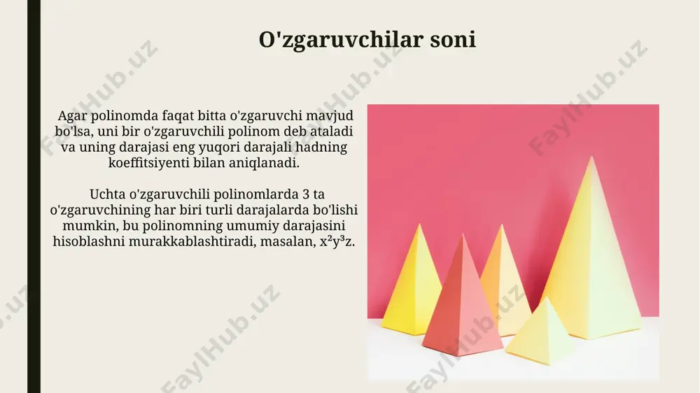 bo'linganda, qoldiq 4-darajali yoki undan past darajali bo'ladi. qoldiq teoremasida, agar p(x) polinomi (x-c) bilan bo'linsa, qoldiq p(c) ga teng bo'ladi; masalan, x³-2x²+x-1 ni (x-2) ga bo'lganda qoldiq 3 ga teng bo'ladi. faktorlashtirish faktorlashtirish jarayonida kvadrat uch hadli tenglamalarni, masalan, x² + 6x + 9 = (x + 3)² kabi, to'liq kvadrat ko'rinishga keltirish mumkin. bu faktorlarning bir-biriga teng ekanligini ko'rsatadi. faktorlashtirishda ko'p hadli tenglamani soddalashtirish uchun 2x² + 5x – 3 ifodasini (2x – 1)(x + 3) ko'rinishida yozish mumkin, bu yerda (2x – 1) va (x + 3) faktorlar hisoblanadi. darajasi bir xil bo'lmagan polinomlar agar ikkita polinomning darajalari farq qilsa, ularning teng bo'lishi uchun hamma koeffitsientlarning mos ravishda nolga teng bo'lishi kerak, masalan, 3x³+2x va 0 teng bo'lishi uchun 3=0 va 2=0 bo'lishi kerak, bu esa noto'g'ri. 5x⁴ + 2x² - 7 va 5x⁴ + 0x³ + 2x² + 0x -7 polinomlari tengdir, chunki ularning mos keladigan …