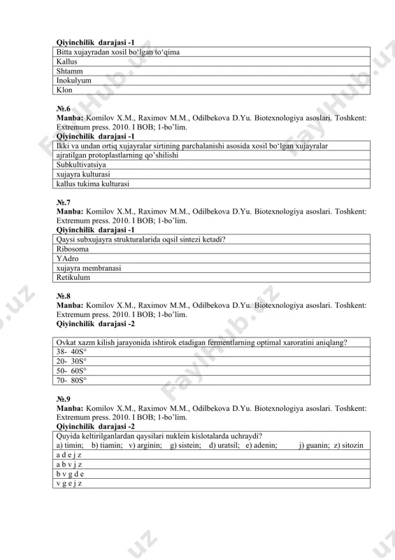 bo’lim. qiyinchilik darajasi -1 ikki va undan ortiq xujayralar sirtining parchalanishi asosida xosil bo‘lgan xujayralar ajratilgan protoplastlarning qo’shilishi subkultivatsiya xujayra kulturasi kallus tukima kulturasi №.7 manba: komilov x.m., raximov m.m., odilbekova d.yu. biotexnologiya asoslari. toshkent: extremum press. 2010. i bob; 1-bo’lim. qiyinchilik darajasi -1 qaysi subxujayra strukturalarida oqsil sintezi ketadi? ribosoma yadro xujayra membranasi retikulum №.8 manba: komilov x.m., raximov m.m., odilbekova d.yu. biotexnologiya asoslari. toshkent: extremum press. 2010. i bob; 1-bo’lim. qiyinchilik darajasi -2 ovkat xazm kilish jarayonida ishtirok etadigan fermentlarning optimal xaroratini aniqlang? 38- 40s° 20- 30s° 50- 60s° 70- 80s° №.9 manba: komilov x.m., raximov m.m., odilbekova d.yu. biotexnologiya asoslari. toshkent: extremum press. 2010. i bob; 1-bo’lim. qiyinchilik darajasi -2 quyida keltirilganlardan qaysilari nuklein kislotalarda uchraydi? a) timin; b) tiamin; v) arginin; g) sistein; d) uratsil; e) adenin; j) guanin; z) sitozin a d e j z a b v j z b v g d e …