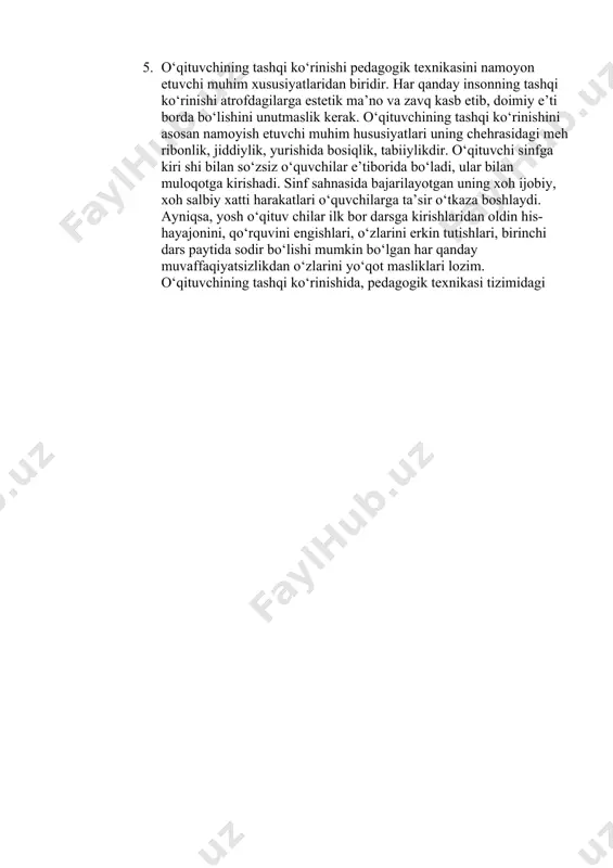 lan bayon qilish san’atidir. ba’zan o‘qituvchi chehrasining va nigohining ifodasi o‘quvchilarga katta ta’sir ko‘rsatadi. 6. nutq madaniyati – til normalarini egallamoq, talaffuz, urg‘u, so‘z ishlatish, gap tuzish qonuniyatlarini chuqur bilmoqdir. shu ningdek, tilning tasviriy vositalari har xil sharoitlarga mos, maqsadga muvofiq bo‘lishi kerak. nutqda til – fikr almashish quroli, o‘qituvchi qalbining oyinasi, o‘qituvchining dars berish uslubini, pedagogik maho ratini to‘liq namoyon qiluvchi vosita. nutqda – tildagi rang-barang vosi talar o‘z ifodasini topsa, bunday nutq – boy nutqdir. 37-variant 1. sixolog olim olga matyeeva ushbu jihatlarni psixologik texnologiya bilan kuchaytirib modifikatsiyalaydi va o'qituvchining kasbiy faoliyatida muhim ahamiyat kasb etishini ta’kid lab, quyidagi qobiliyatlami ko‘rsatib o'tadi. 1.muloqot qilish (kommunikativ) qobiliyati. 2.voqealami oldindan ko'ra olish qobiliyati 3.eshitish va his qilish. 4. kinestetik (teri-muskul) qobiliyat. 5. mantiqiy qobiliyat 6. shaxsning ichki qobiliyati. 2. nnovatsion faoliyat — toʻplangan bilim, texnologiya va uskunalarni tijoratlashtirishga qaratilgan ilmiy, texnologik, tashkiliy, moliyaviy va tijorat tadbirlari majmui. yangi yoki qoʻshimcha …