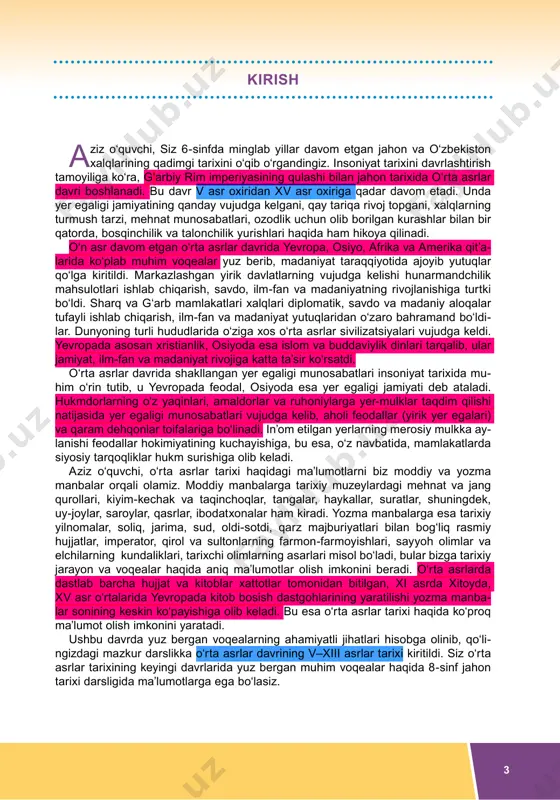 r bizga tarixiy jarayon va voqealar haqida aniq ma’lumotlar olish imkonini beradi. o‘rta asrlarda dastlab barcha hujjat va kitoblar xattotlar tomonidan bitilgan, xi asrda xitoyda, xv asr o‘rtalarida yevropada kitob bosish dastgohlarining yaratilishi yozma manba- lar sonining keskin ko‘payishiga olib keladi. bu esa o‘rta asrlar tarixi haqida ko‘proq ma’lumot olish imkonini yaratadi. ushbu davrda yuz bergan voqealarning ahamiyatli jihatlari hisobga olinib, qo‘li- ngizdagi mazkur darslikka o‘rta asrlar davrining v–xiii asrlar tarixi kiritildi. siz o‘rta asrlar tarixining keyingi davrlarida yuz bergan muhim voqealar haqida 8-sinf jahon tarixi darsligida ma’lumotlarga ega bo‘lasiz. kirish user подсветить user подсветить user подсветить user подсветить user подсветить user подсветить user подсветить user подсветить 4 5 qadrli o‘quvchilar! darslikning har bir mavzusi “siz bilib olasiz”, “eslab ko‘ring!”, mavzuning asosiy matni va “savol va topshiriqlar” kabi qismlardan iborat. jumladan, “siz bilib olasiz’’ qismida siz mavzuga doir tayanch tushunchalar bilan tanishasiz. “eslab ko‘ring!” qismi sizga o‘tgan darslardagi ma’lumotlarni takrorlab, …