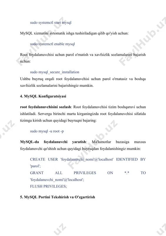alash va tiklash (backup and recovery): rman (recovery manager) orqali avtomatik yoki qo'lda zaxiralash. microsoft sql server-ni o'rnatish va sozlash. microsoft sql server-ni o'rnatish va sozlash quyidagi asosiy bosqichlardan iborat: 1. tizim talablarini tekshirish operatsion tizim: windows server, windows 10 yoki undan yuqori versiyalar. xotira va disk talablari: sql server versiyasiga qarab farqlanadi (odatda kamida 4 gb xotira va 6 gb disk maydoni talab etiladi). tarmoq sozlamalari: sql server-ga boshqa tarmoqlardan ulanish uchun ip-manzil yoki dns sozlamalari kerak bo‘lishi mumkin. 2. sql server o'rnatish fayllarini yuklash microsoft rasmiy saytida sql server-ning kerakli versiyasini yuklab oling (masalan, sql server express, standard yoki enterprise versiyalari). yuklab olingan faylni ishga tushirib, o'rnatishni boshlang. 3. o'rnatish jarayonini boshlash va sozlash o'rnatish turi: new sql server stand-alone installation yoki mavjud sql server instanceni yangilash. instansiyani tanlash: sql server-ning asosiy (default) yoki maxsus (named instance) instansiyasini o'rnatish. komponentlarni tanlash: database engine services, reporting services, analysis services …
