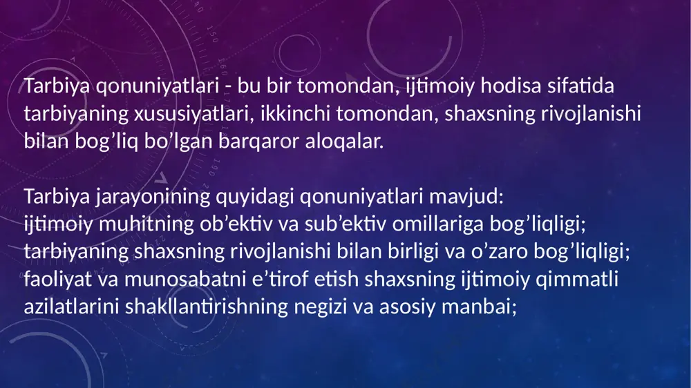 ari mavjud. metodlar o‘ziga xos xarakteriga ko‘ra ishontirish, mashq, rag‘batlantirish va tanbeh berishga bo‘linadi. mazkur holatda metodning umumiy xarakterli belgisi uo‘zida yo‘nalganlikni, o‘ziga xoslikni, qo‘llanishga yaroqlilikni aks ettiradi. bu tasnifga metodlarning ko‘proq umumlashganligi bilan ajralib turuvchi tarbiyaning umumiy metodlari mustahkam tutashib ketadi. u o‘zida ishontirsh, faoliyatni tashkil etish, o‘quvchilarning xulq-atvorini rag‘batlantirish metodlarini qamrab oladi. i.s. marenkoning tasnifida tarbiya metodlari guruhlar quyidagicha nomlanadi: tushuntirshli-reproduktiv, muammoli vaziyatli, o‘rgatish va mashq metodlari, rag‘batlantirish, to‘sqinlik qiluvchi, boshqarish, o‘zini-o‘zi tarbiyalash. farzandlarimizning kelajakda komil inson boʻlib yetishishlarida oila va jamiyatda yaxshi tarbiya olishning oʻrni beqiyosdir. ota-ona, ustoz-murabbiylar, rahbar va yoshi kattalar qancha madaniyatli, odobli boʻlsa, shu jamiyat va muhitda oʻsayotgan shaxslar ham shunchalik odobli boʻlib yetishadi. bunday sermas’uliyat ijtimoiy ishni amalga oshirish, ya’ni yoshlarimizning odobli, xushxulqli, vijdoni pok kishilar boʻlib yetishishlari uchun oʻz xulq-atvorimiz bilan ularga yaxshi ibrat va namuna boʻlishimiz bugungi kunning dolzarb masalasi hisoblanadi. ilgarigi zamonda shunday maqol bor edi: «domlaning aytganini qil-u, qilganini …