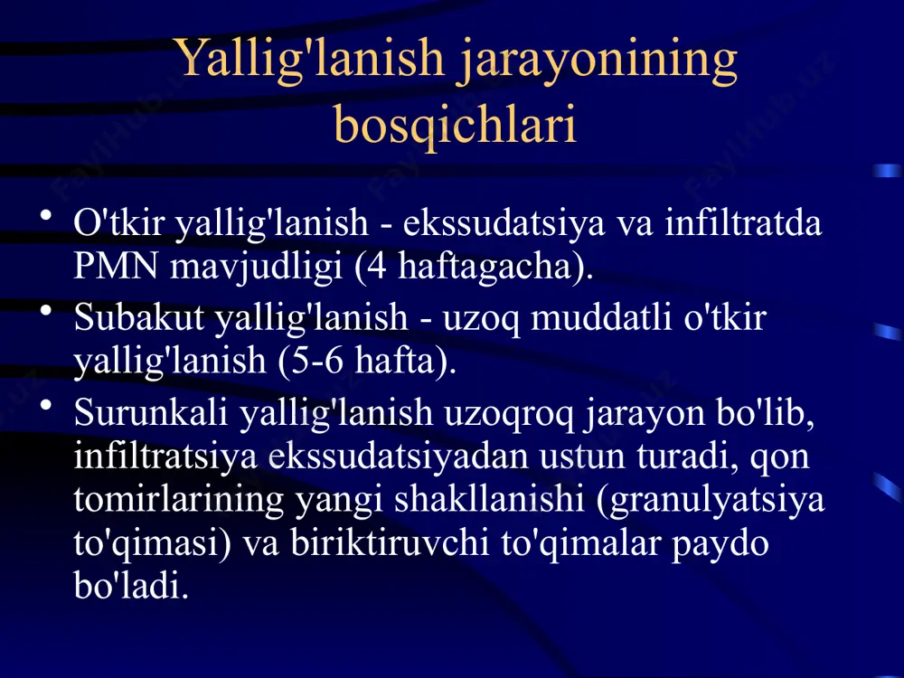 oma hansen-neisser kum. kuluçka muddati 10 yilgacha. jek london - "moxov koolau" ta'sirlangan teri, nervlar, ichki organlar. tuberkuloid tipidagi granuloma. tuberkuloid shakli: - kichik afb; - yanada mehribonroq davom etadi. moxov shakli: - juda ko'p afb; - virxov hujayralari (qutidagi puro kabi afb bilan shishgan makrofaglar). sifilitik granuloma (gumma) qo'zg'atuvchisi - treponema pallidum (levatidi silvering). tug'ma sifilis. asosiy davr - bu shankr. ikkilamchi - sifilidlar. uchinchi darajali (3-5 yildan keyin) - tish go'shti (saqich, arabcha). kazeoz nekroz zonasi, ko'plab limfotsitlar, qon tomirlari, plazma hujayralari, bir nechta langhans hujayralari. mesoaortit, markaziy asab tizimi (tabes dorsalis). uchinchi darajali sifilis - aorta qopqog'i nuqsoni tabes dorsalis - miya yarim korteksining atrofiyasi sifilitik granuloma rinoskleroma bilan granuloma qo'zg'atuvchisi volkovich-frisch tayoqchasidir. yuqori nafas yo'llari - burun, gırtlak, traxeya, kamdan-kam hollarda bronxlar. obstruktsiya va asfiksiyaga qadar traxeyaning stenozi. granuloma - makrofaglar, limfotsitlar, ko'plab plazma hujayralari, russel tanasi, mikulich hujayralari. - russelning tanalari plazma hujayralarining o'zgarishi natijasida …