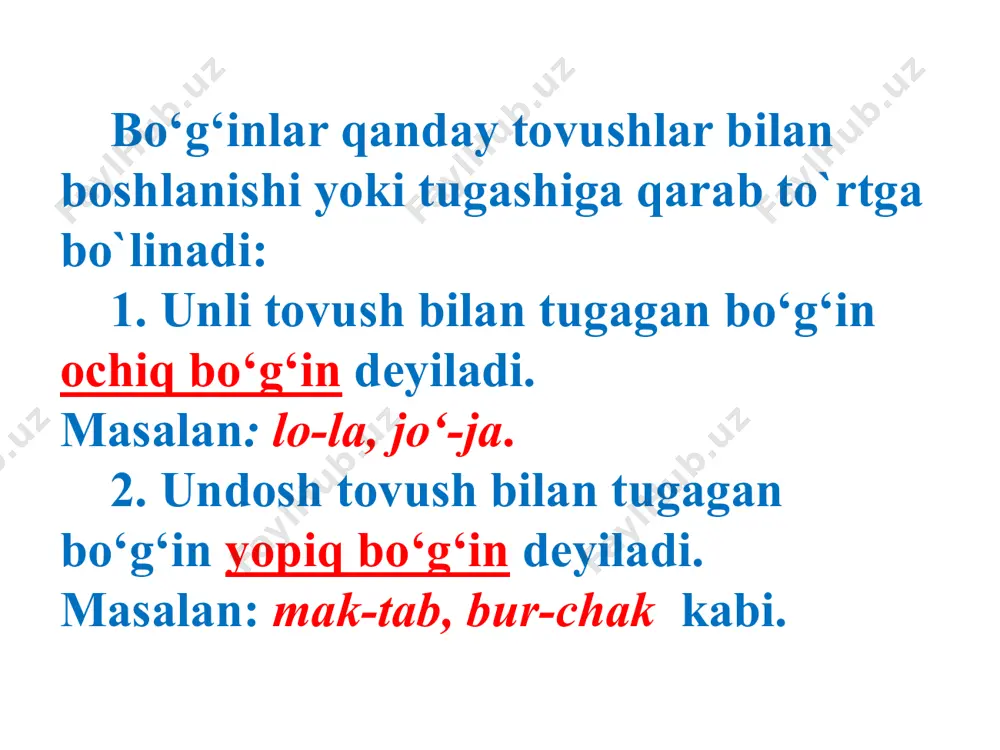 bo‘g‘in va uning turlari. bo‘g‘in ko‘chirish qoidalari. urg‘u va uning nutqdagi ahamiyati - Page 4