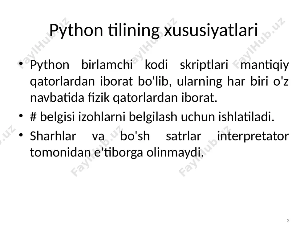 ari <> == != taqqoslash operatorlari = %= /= //= -= += *= **= o`zlashtirish operatorlari in not in a`zolik operatorlari not or and mantiqiy operatorlar 17 ma`lumotlarni kiritish matnli ma`lumotlarni kiritish uchun input() funktiayasi ishlatiladi, uni o`zgaruvchiga o`zlashtirish mumkin : a = input() b = input() input funktisyasi matnli qatorni qaytaradi. agar o`zgaruvchi sonli qiymatni qabul qilishinini istasayiz, unda matnli ma`lumotni o`qib olgandan keyin int buyrug`i orqali tiplarni o`tkazishni amalga oshirish mumkin : a = int(a) b = int(b) qatorlarni o`qish va tiplarni o`tkazishni birlashtirish mumkin: a = int(input()) b = int(input()) 18 ma`lumotlarni kiritish xuddi shunday, uchta o`zgaruvchini bir martaga o`qib olish mumkin: a, b, c = input().split() 19 ma`lumotlarni chiqarish ma`lumotlarni chiqarish uchun print funktsiyasi ishlatiladi o`zgaruvchilar, ifodalarni qiymatini chiqaradi masalan: print(2 + 2 ** 2) a = 1 b = 2 print (a, '+', b, '=', a + b) chiqariladigan ma`lumotlar 1 ta probel bilan ajratiladi. …