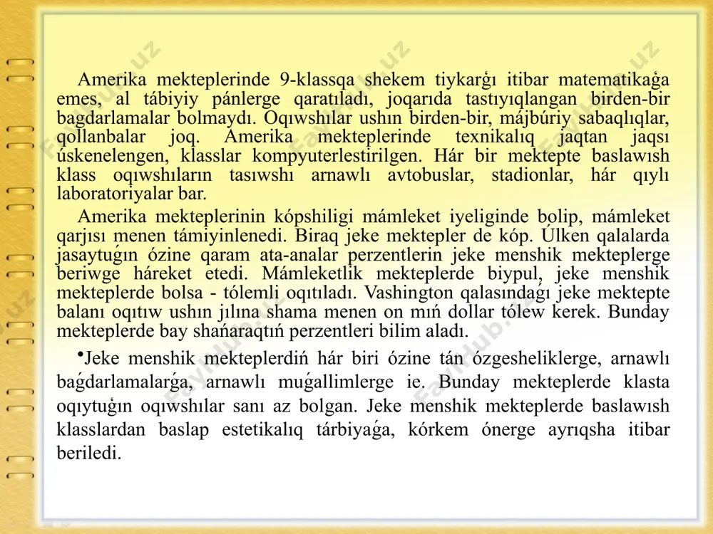 rejeleri usınıs etiledi. oqıw haqı tólenbeydi. eger student yamasa olardıń ata-anaları azıq-awqat qárejetlerin kótere almasa oqıw ushın finanslıq járdem kórsetiw haqqındaǵı federal nızam boyınsha olar finanslıq járdem aladı. bul járdemniń yarımı stipendiyaǵa qosıp berilse, ekinshi yarımı qarız túrinde beriledi. paydalanılǵan ádebiyatlar davletov, a. (2019). pedagogik kompetentlik: nazariya va amaliyot. tashkent: o'zbekiston respublikasi oliy va o'rta maxsus ta'lim vazirligi. mamatqulov, t. (2020). ta'limda kompetentlik yondashuvi. tashkent: fan va texnologiya. ibragimov, sh. (2018). pedagogik innovatsiyalar va kompetentlik. tashkent: o'zbekiston matbuoti. khalilov, r. (2021). o'qituvchining pedagogik kompetentligi: nazariy va amaliy asoslar. tashkent: oliy ta'lim akademiyasi. xodjaeva, n. (2021). ta'lim jarayonida kompetentlik yondashuvining roli. tashkent: ta'lim va tarbiya. image1.jpeg image2.jpeg image3.jpeg image4.jpeg image5.jpeg image6.jpeg image7.png image8.jpeg image9.jpeg image10.jpeg image11.jpeg image12.jpeg image13.jpeg image14.jpeg image15.jpeg image16.jpeg /docprops/thumbnail.jpeg