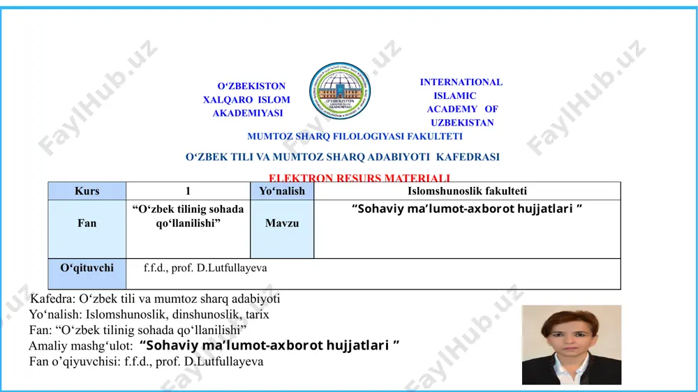 ha varaqligi ko‘rsatilgan ilovalar ro‘yxati (agar ilovalar bo‘lsa). 7. bildirishnoma tayyorlovchi xodim yoki rahbarning imzosi (agar bir necha shaxs tomonidan tayyorlangan bo‘lsa, u barcha mualliflar tomonidan imzolanadi). 8. bildirishnoma taqdim etilgan sana. vasiyatnoma vasiyatnoma vasiyat qiluvchining u vafot qilgan taqdirda o‘ziga qarashli bo‘lgan mol-mulkni tasarruf etish bo‘yicha xohish-irodasi bayon qilingan hujjatdir. vasiyatnoma, odatda, yozilgan joyi va vaqti ko‘rsatilgan holda yozma shaklda tuzilishi lozim. a) notarial tasdiqlangan vasiyatnomalar; b) notarial tasdiqlangan vasiyatnomalarga tenglashtirilgan vasiyatnomalar quyidagi vasiyatnomalar yozma shaklda tuzilgan hisoblanadi ma’lumotnoma bo‘lgan voqea yoki mavjud holatlarni bildirish-axborot berish mazmunini ifodalaydigan hujjatdir. ma’lumotnomalar, odatda , mansabdor, yuridik shaxslar hamda oddiy kishilarning koʻrsatmasi, talabi va iltimosiga koʻra tuziladi hamda biron-bir masalada iltimosni qondiradigan axborot va ma’lumotlarni oʻzida aks ettiradi. ma’lumotnoma ma’lumotnoma mazmuniga ko‘ra 2 xil 1) xizmat ma’lumotnomasi 2) shaxsiy ma’lumotnoma xizmat ma’lumotnomasining zaruriy qismlari 1. hujjat jo’natiriladigan yuqori idora yoki mansabdor shaxs nomi 3. ma’lumotnoma matniga sarlavha (xat boshidan yoziladi) 2. hujjat …