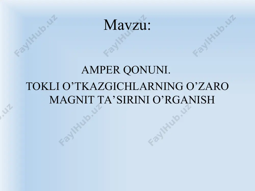 musbatdir. magnit oqimi * tekis konturning aylantiruvchi momenti tokli tekis kontur uchun magnit momenti quyidagicha aniqlanadi: kuchning aylantiruvchi momenti berilgan nuqtadagi maydonning va tokli ramkaning xususiyatlariga bog’liq va quyidagi vektor ko’paytma bilana aniqlanadi: s — kontur sirtining yuzasi n — ramka siritga o’tkazilgan nomalning birlik vektori α —n va b vektorlar orasidagi burchak aylantiruvchi moment * тokli o’tkazgichmagnit maydonida quyidagi amper kuchita’sirida kuchadi i токли ўтказгичнинг dl элементи кўчишида бажариладиган элементар иш -s юзадан ўтувчи магнит оқими , магнит майдонидаги токли ўтказгични кўчиришда ампер кучининг бажарган иши ток кучини ўтказгич ўраган юзадан ўтувчи магнит индукцияси оқимига кўпайтмасига тенг. magnit maydonida tokli o’tkazgichni ko’chirishda bajarilgan ish * i = const bo’lgan tokli yopiq konturni magbit maydonida ixtiyoriy ko’chirishds bsjsrilgsn ish – yopiq konturga tortilgan yuzadan o’tuvchi magnit oqimining o’zgarishi. i=const tokli o’tkazgich yoki yopiq konturni magnit maydonida ko’chirishda bajariladigan ish tok manbai sarflaydigan energiya hisobiga amalga oshiriladi magnit maydonida tokli o’tkazgichni …