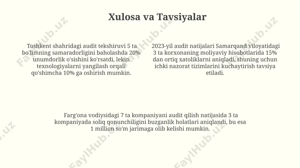 iqlik)ni tahlil qilish va 2023-yil ma'lumotlariga tayanib, toshkent shahridagi korxonaning moliyaviy hisobotlarini tekshirish zarur. ichki nazorat tizimini baholashda, namunaviy tekshiruvlar soni 50 dan ortiq bo'lishi va samarqand viloyatidagi 5 ta filialning faoliyati o'rganilishi kerak, bu esa yillik reja bajarilish darajasini aniqlashga imkon beradi. mas’uliyat va javobgarlik auditorlarning o'zbekiston respublikasi hududida 2023-yilda amalga oshirilgan 5 dan ortiq audit tekshiruvlarining natijalari bo'yicha hisobot tayyorlashda mas'uliyati yuqori darajada aniq va qonun talablariga muvofiq bo'lishi shart. toshkent shahrida joylashgan kompaniyaning 2022-yilgi moliyaviy faoliyati to'g'risida hisobot tayyorlashda auditor 30 kundan ortiq muddat ichida barcha zarur hujjatlarni tahlil qilishi va natijalarni taqdim etishi kerak. moliyaviy hisobotlarning to'g'riligi va ishonchliligini ta'minlashda auditorlarning mas'uliyati 100 foizlik aniqlikni talab qiladi, bu esa xalqaro standartlarga (isa) va mahalliy qonunchilikka muvofiqligi bilan bog'liq. dalillarni yig’ish va tekshirish тошкент шаҳридаги 5 та корхонанинг 2023 йилги молиявий ҳисоботларини текширишда камида 100 та ҳужжатли далил тўпланиши ва ҳар бирининг аутентиклиги текширилиши зарур. андижондаги кичик …