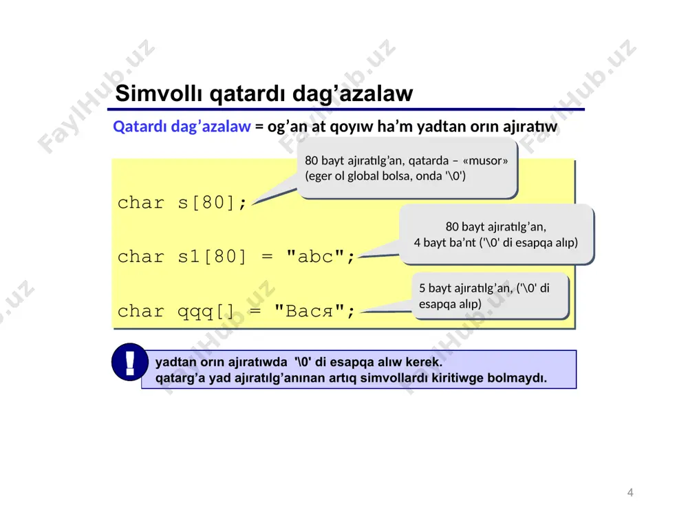 \0 ¤ 0 1 2 3 4 5 6 7 8 9 q q+1 q+5 p reverse 23 24 u’les qatardı izlew strstr: qatardın’ basınan da’slepki u’les qatardı tabın’ char q[10] = "abcdabcd"; char *p; int nomer; p = strstr(q, "bcd"); if ( p == null ) cout << "tabilmadi..."; else { nomer = p – q; cout <<"birinshi simbol nomeri " << nomer; } a b c d a b c d \0 ¤ 0 1 2 3 4 5 6 7 8 9 q q+1 q+5 p 24 25 ma’sele мәселе: гәп киритиң ҳәм ондa «alik» aты неше рет ушырaсыўын ma’sele: ga’p kiritin’ ha’m onda «alik» atı neshe ret ushırasıwın anıqlan’. problema: strstr funktsiyası tek qatardın’ basınan izleydi. algoritm: qatardın’ basının’ adresi start ko’rsetkishine jazıladı. «alik» u’les qatarın izlew, start adresinen baslanadı. eger tabılmasa, tsikldan shıg’adı. tabılg’an so’zlerge esaplag’ısh asırıladı. start tabılg’an so’zden keyingi adreske almastırıladı. 2 adımg’a …
