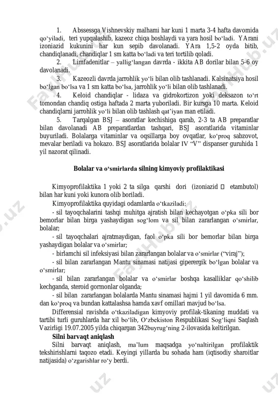 ni har kun sepib davolanadi. yara 1,5-2 oyda bitib, chandiqlanadi, chandiqlar 1 sm katta bo‘ladi va teri tortilib qoladi. 2. limfadenitlar – yallig‘langan davrda - ikkita ab dorilar bilan 5-6 oy davolanadi. 3. kazeozli davrda jarrohlik yo‘li bilan olib tashlanadi. kalsinatsiya hosil bo‘lgan bo‘lsa va 1 sm katta bo‘lsa, jarrohlik yo‘li bilan olib tashlanadi. 4. keloid chandiqlar - lidaza va gidrokortizon yoki deksazon to‘rt tomondan chandiq ostiga haftada 2 marta yuboriladi. bir kursga 10 marta. keloid chandiqlarni jarrohlik yo‘li bilan olib tashlash qat’iyan man etiladi. 5. tarqalgan bsj – asoratlar kechishiga qarab, 2-3 ta ab preparatlar bilan davolanadi ab preparatlardan tashqari, bsj asoratlarida vitaminlar buyuriladi. bolalarga vitaminlar va oqsillarga boy ovqatlar, ko‘proq sabzovot, mevalar beriladi va hokazo. bsj asoratlarida bolalar iv “v” dispanser guruhida 1 yil nazorat qilinadi. bolalar va o‘smirlarda silning kimyoviy profilaktikasi kimyoprofilaktika 1 yoki 2 ta silga qarshi dori (izoniazid etambutol) bilan har kuni yoki kunora olib …