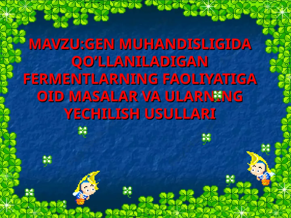 ga kam bo`lsa dastlabki dnk malekulasidagi g-s orasidagi vodorod bog`lar sonini toping. ishlanishi 1) n=l/0,34 n=105,4/0,34=310 310*2=620 2) bamhi har bir kesgan joyda gatc orasidagi h bog’larni uzadi. 3+2+2+3=10 g-s=2*3=6 ta a-t=2*2=4 ta 3 joydan kesilgan va abcd bo’laklarga bo’lingan: 10*3=30 3) 30---3,75% x---100% x=(30*100)/3,75=800 4) 2a+3g=800 2a+2g=620 g=180 2a+3*180=800 2a=360 a=130 5) h=3g h=3*180=540 2-masala ma`lum sharoitda 45,9 nm uzunlikdagi dnk malekulasi eco.ri restiriktaza fermenti ta`sirida abc bo`lakka bo`lindi.hosil bo`lgan barcha dnk malekulasidagi vodorod bog`lar soni dastlabki vodorod bog`lar sonidan 5% ga kam bo`lsa hosil bo`lgan dnk malekulasidagi g-s orasidagi vodorod bog`lar sonini toping. ishlanishi 1) n=l/0,34 n=45,9/0,34=135 135*2=270 2) eco.ri har bir kesgan joyda aatt orasidagi h bog’larni uzadi. 2+2+2+2=10 a-t=2*4=8 ta 2 joydan kesilgan va abc bo’laklarga bo’lingan: 8*2=16 3) 16---5% x---100% x=(16*100)/2=320 4) 2a+3g=320 2a+2g=270 g=50 2a+3*50=320 2a=170 a=65 5) h=3g h=3*50=150 3-masala 2 ta dnk ning 1 - bo’lagi ecori, 2 - bo’lagi bamhi restriktazalari …