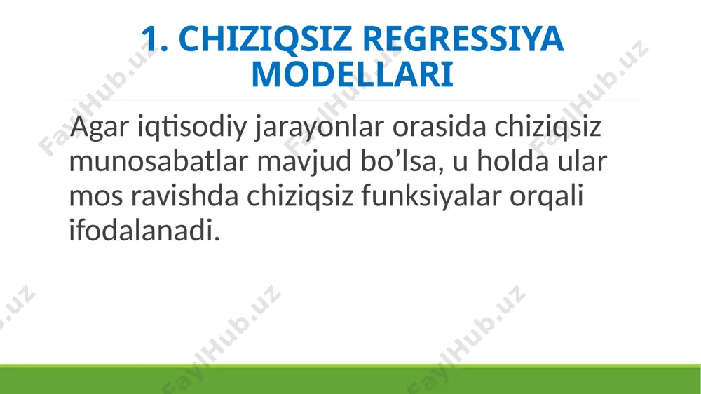 batan chiziqsiz regressiyalar funktsiyasi bilan ifodalanuvchi fillips egri chizig'ida a parametrning qiymati 0,00679 ga teng, bu ishsizlik darajasining o'sishi bilan ish haqining qo’shimcha o'sishi sur'ati nolga intilishini ko'rsatadi 2. omillarga nisbatan chiziqsiz regressiyalar giperbola: 3. baholanuvchi parametrlar bo'yicha chiziqsiz regressiyalar. so’ng ularni kabi belgilab olsak, tenglama: 3. baholanuvchi parametrlar bo'yicha chiziqsiz regressiyalar. so’ng ularni kabi belgilab olsak, tenglama: 3. baholanuvchi parametrlar bo'yicha chiziqsiz regressiyalar. tenglamani potentsiallash bilan quyidagi kelib chiqadi: 4. chiziqsiz regressiya uchun korrelyatsiya bu erda - y natijaviy belgining umumiy dispertsiyasi; – qoldiq dispersiya. 4. chiziqsiz regressiya uchun korrelyatsiya image1.png image2.png image3.png image4.png image5.png image6.png image7.png image8.png image9.png image10.png image11.png image12.png image13.png image14.png image15.png image16.png image17.png image18.png image19.png image20.png image21.png image22.png image23.png image24.png image25.png image26.png image27.png image28.png image29.png /docprops/thumbnail.jpeg