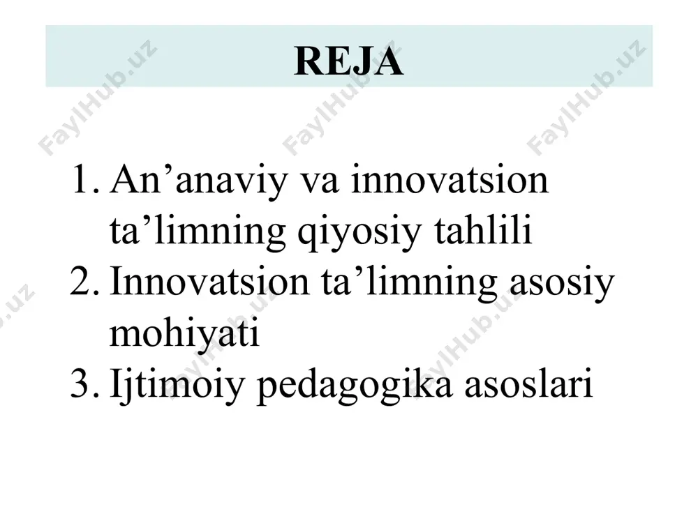 tashkil etilishiga alohida e’tibor qaratildi. nostandart dars an’anaviy tuzilishdagi improvizatsion o‘quv mashg‘ulotidir. 2.innovatsion ta’limning asosiy mohiyati hozirgi davr ta’lim taraqqiyoti yangi yo‘nalish - innovatsion pedagogikani maydonga olib chiqdi. “innovatsion pedagogika” termini va unga xos bo‘lgan tadqiqotlar g‘arbiy yevropa va aqshda, 60-yillarda paydo bo‘ldi. innovatson faoliyat f.n.gonobolin, s.m.godnin, v.i.zagvyazinskiy, v.a.kan-kalik, n.v.kuzmina, v.a.slastenin, a.i.shcherbakov ishlarida tadqiq etilgan. bu tadqiqotlarda innovatsion faoliyat amaliyoti va ilg‘or pedagogik tajribalarni keng yoyish nuqtai nazardan yoritilganligi bizga ma’lum. innovatsiya (inglizcha “innovation”) – yangilik kiritish, yangilik ma’nosini anglatadi. yangilik kiritishning ijtimoiy-psixologik aspekti amerikalik innovatik e.rodjers tomonidan ishlab chiqilgan. innovatsion ta’lim qirralari ta’limning ochiq istiqboli qadriyatlarni baholay olish yangi vaziyatlarga kirisha olish ixtiyoriy ta’lim olish. hamkorlik pedagogikasining prinsipi o‘quvchida qo‘rquv hissini yo‘qotish, erkin bo‘lish, o‘ziga ishonch uyg‘otish, unda to‘laqonli ijodiy ishlashga qobil insonni ko‘rish, v.a.suxomlinskiy so‘zi bilan aytganda, muvaffaqiyatdan yuzaga kelgan ko‘tarinkilik bo‘lsa, o‘sha yerda o‘qishga qiziqish bo‘ladi. qiyin maqsad g‘oyasi. tajriba o‘tkazuvchi o‘qituvchilarning yozishicha, ularning ishlari an’anaviy darsdan …