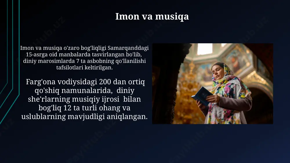 lim" faniga oid an'anaviy darsliklar 15-asrga oid qo'lyozmalar asosida tahlil qilinadi, 30 dan ortiq manbalarni o'z ichiga oladi. samarqanddagi mirxoʻja ahmedov nomidagi islom instituti "imon va ta’lim" fanidan 3 yillik oʻquv dasturiga ega boʻlib, unda 15 dan ortiq oʻqituvchi 200 ga yaqin talabani oʻqitadi. imon va siyosat самарқанд вилоятидаги 3 та диний таълим муассасасида 200 дан ортиқ талаба ислом ва сиёсат масалаларини ўрганишмоқда, бу юртдаги диний саводхонлик даражасини акс эттиради. тошкент шаҳридаги 10 тадан ортиқ масжидларда диний арбоблар томонидан ҳукумат сиёсатига оид маърузалар ўқилади, бу диний ташкилотларнинг давлат билан ҳамкорлигини кўрсатади. imon va madaniyat: kirish imon va madaniyat o'zaro ta'sirining 3000 yildan ortiq tarixi mavjud bo'lib, qadimgi mesopotamiya va misr tsivilizatsiyalarida aniq kuzatilgan. islom dinining 7-asrda arabiston yarim orolidan tarqalishi, mintaqaviy madaniyatlarga chuqur ta'sir ko'rsatib, 1,5 milliarddan ortiq musulmon aholisini shakllantirgan. e'tiboringiz uchun rahmat @taqdimot_robot image1.jpg image2.jpg image3.jpg image4.jpg image5.jpg image6.jpg image7.jpg image8.jpg image9.jpg image10.jpg image11.jpg image12.jpg image13.jpg image14.jpg image15.jpg …