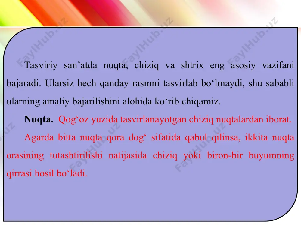 hiziqlar uzoqlashgan sari bir-biri bilan tutashib, fazoviy kenglikni tasvirlaydi. bu holat ko‘proq tasvirlovchining tajribasi yoki mohirligiga bog‘liq. shtrix chiziqlar oralig‘i bir-biriga yaqin joylashtiriladi. kichik hajmdagi tasvirlar yoki tasvirlanayotgan buyumning mayda qismlari qisqacha shtrixlar bilan bajariladi. masalan, rassom a. abdullayev odam boshini tasvirlashda qisqacha shtrixlardan foydalangan. uzunroq shtrixlar ko‘proq katta hajmli tasvirni, tekisliklarni, soyalarni yoki qoralama rasmlarni chizishda qo‘llaniladi. tasvirda tus shtrixlar yig‘indisi bilan ko‘rsatiladi. buyum tusi, uning fakturasi shtrixlar yordamida ko‘rsatilib, vazifani tugallash vaqtida asosiy o‘rinni egallaydi. www.homeppt.com logo ayrim buyumlar sharpasi va tashqi ko‘rinishi orqali xarakterli. shuning uchun bunday ko‘rinishlarni tasvirlashda ayrim holda tusli tasvirning oddiy turi tanlanadi, bu esa, siluet deb nomlanadi, ya’ni bir xil tekis tus bilan qoplanib, tashqi ko‘rinishi chiziq orqali bajariladi. qalamda turli chiziq (shtrix)lar yordamida tasviriy obrazlar yaratish boshqa janrlar qatorida, naturmort ishlashda ham qo‘llaniladi. geometrik shakllardan tuzilgan naturmortning bosqichli qalamtasvirini tasvirlashda kuzatish, borliqni o‘rganish, hajmli buyumlarni qog‘oz yuzasida tasvirlash jarayonida fazoviy holat haqidagi …