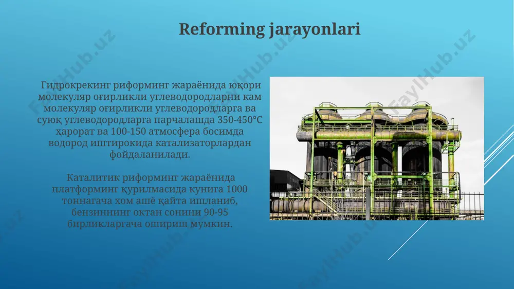 n bo'lgan gaz oqimini olish uchun suvni, vodorod sulfidni va karbonat angidridni olib tashlash kerak. kriogenik usul yordamida tabiiy gazni tozalashda -160°c gacha sovutish orqali og'ir uglevodorodlar va boshqa aralashmalarni kondensatsiya qilish amalga oshiriladi. e'tiboringiz uchun rahmat @taqdimot_robot image1.jpg image2.jpg image3.jpg image4.jpg image5.jpg image6.jpg image7.jpg image8.jpg image9.jpg image10.jpg