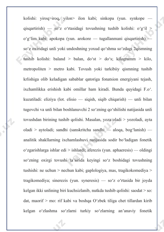 . yuqoridagi tovushlar almashuvi ikki yoki undan ortiq tiuarda uchraydi. bir tildagi so‘zlarning har xil formalarida ham tovushlar almashuvi ro‘y beradi. bunday tovushlar almashuvi alternatsiya deb ham yuritiladi. almashinuvchi tovushlarni esa, alternantlar deyiladi. tovushlar almashinuvining turli morfe-malardagi xususiyatlarini morfonologiya o‘rganadi. tovushlarning almashinuvi ikki xil bo‘ladi: fonetik (pozitsion) va ta-rixiy. fonetik almashuv deb tilning hozirgi talaffuz normasiga asosan ro‘y beravchi alternatsiyaga aytiladi. bunday almashuv tovushlarning o‘rniga boғliq bo‘lib, ma`lum holatda uchraydi. 1.chet tilidan o‘tgan so‘zlarning bunday berilishi transliteratsiya deyiladi. bu haqda keyinroq to‘xtaladi. masalan: sez - seskanmoq, uyqu - uyғonmoq, sariq - sarғaymoq, bilak - bilagi kabi. tovushlar almashuvi slavyan tillarida, ayniqsa rus tilida juda ko‘p uchraydi. masalan, rus tilidagi ot - prefiksi sakkiz xil talaffuz qilinadi: otpusk (otpusk), otzov (odzuf), otxod (atxot). otgadat’ (adgadat), ottesnit’ (attisnit), otsepit’ (atsepit), ottepel’ (olttepel), otdelit’ (atdelit). ularning har biri fonetik holatiga boғliq: yumshoq undosh (f), (d) undoshlaridan oldin keladi: affrikatlar (s) dan oldin, (o) …