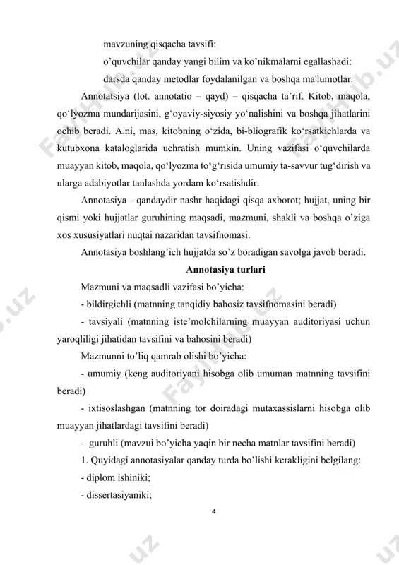 annotasiya bibliografik varaqada rasmiylashtiriladi, xatboshilarsiz beriladi. 5. o’rtacha hajmi - 500 bosma belgi, kam hollarda – 800 – 1000. annotasiyani tuzishdagi asosiy xato - axborotning ko’pligi, fikrlarni ifodalashda gaplarning uzunligi, davrlarning ishlatilishi! ortiqcha narsalar: kirish so’zlari va gaplari, murakkab gaplardan qoching! annotatsiya namunalari: annotatsiya mazkur obzor maqolada mustaqillik davrida oʻzbek adabiyotshunosligida yaratilgan taqrizlarning adabiy jarayondagi oʻrni, yutuq va kamchiliklari, taqriz va kitobxon muammosi haqida fikr yuritiladi. annotatsiya maskur qo‘llanma rus tilida so‘zlashuvchi guruhlar uchun tuzilgan bo‘lib, oliy va o‘rta maxsus ta’lim vazirligi tavsiya qilgan namunaviy dastur asosida tuzilgan. qo‘llanma o‘quv yili davomida rejaga binoan olib boriladigan mavzularni o‘z ichiga qamrab olgan. qo‘llanmada turli manbalardan foydalanilganligini, matnning mazmundor, o‘ziga xos qaytarilmasligi ko‘zga tashlanadi. shuningdek, dasturiy injiniring, iqtisod, telekommunikatsiya, axborot texnologiyalari, aloqa sohasi bilan bevosita bog‘liq matnlar ham o‘rin olgan. qo‘llanmada berilgan grammatik mavzular mashqlar bilan mustahkamlanadi. leksik matnlar turli mavzularda yoritilgan. qo‘llanmadan o‘rin olgan matnlarning barchasi, bizningcha, har tomonlama yondoshilgan holda …