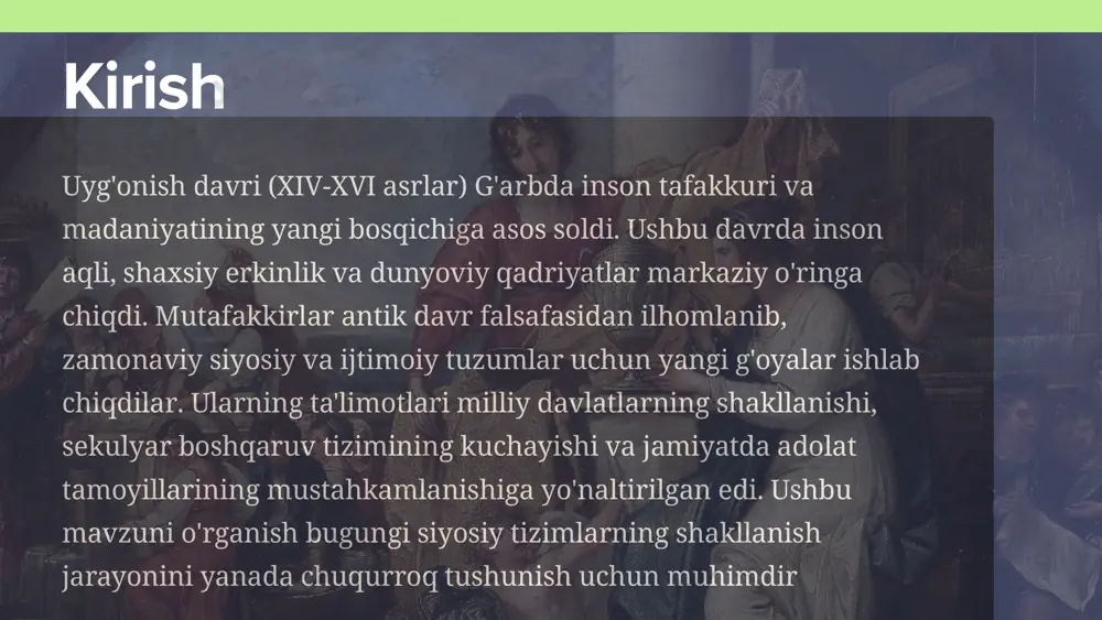 rlovchi fiktiv orol bo‘lib, mor unga o‘zining siyosiy va ijtimoiy qarashlarini aks ettirgan. asarda, utopia aholisi mulkchilik va xususiy mulkni inkor etib, umumiy mulkni qo‘llaydi va bu jamiyatda tenglik, adolat va xayriya qadriyatlari ustuvor hisoblanadi. jovanno bokkachcho jovanno bokkachcho (1313–1375) — italiyalik yozuvchi, shoir va faylasuf, o‘zining "decameron" asari bilan mashhur. bokkachcho o‘z davrida ijtimoiy va siyosiy hayotga katta ta'sir ko‘rsatgan yozuvchilardan biri bo‘lib, uning asarlarida jamiyatning turli qatlamlari, axloqiy qadriyatlar va inson tabiatining murakkabligi tasvirlangan.bokkachcho o‘z asarlarida asosan insonning tabiatini, kundalik hayotini va ijtimoiy munosabatlarini yoritgan bo‘lsa-da, uning siyosiy qarashlari ham aniq va muhimdir. bokkachcho siyosatga, hukumat va jamiyatdagi ijtimoiy tartibga nisbatan o‘zining fikrlarini bildirib, ko‘plab siyosiy va ijtimoiy masalalarga oid nazariyalarini ishlab chiqqan. uygonish davri (renessans) 14-asrning oxiridan 17-asrgacha bo‘lgan davrni o‘z ichiga oladi va yevropa tarixida katta madaniy, ilmiy va ijtimoiy o‘zgarishlarga sabab bo‘ldi. bu davrda sodir bo‘lgan eng muhim voqealardan biri yunon-rim qadriyatlari va ilmiy an'analarining …