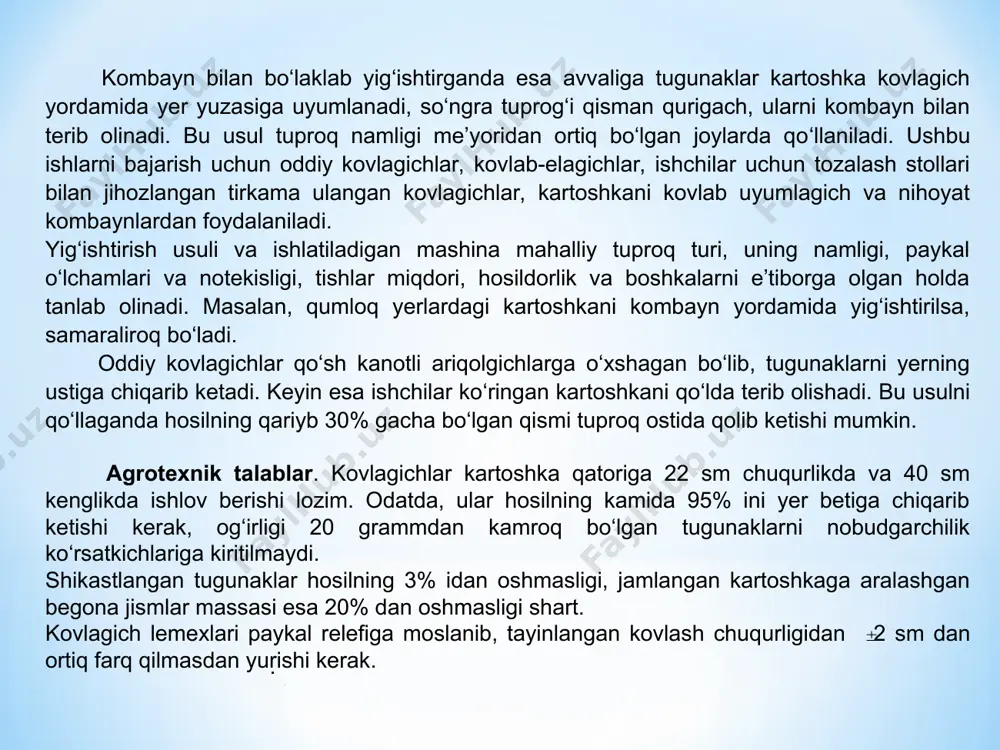 pritsep 4 ustidagi transportyor stoli 3 ga so‘nggi marta tozalanish uchun tushadi. transportyor stolining ikki tomonida o‘tirgan ishchilar kartoshkani terib, maxsus idishga solishadi, tosh-kesaklar esa yo‘l-yo‘lakay to‘kilib qolaveradi. bu usul bilan urug‘lik uchun etishtirilgan kartoshkani yig‘ishtirish maqsadga muvofikdir. kovlab-uyumlagich bir necha katordan kovlab olingan tugunaklarni to‘plab, bir katorga uyumlab tukib ketadi. 3-rasm. tozalash stollari urnatilgan pritsepni kovlab-elagichga ulash sxemasi. 1 - kovlagich lemexi; 2 - kepchigich; 3 - transportyor-stol. kartoshka kavlagichlar va kartoshka yig‘ishtirish kombaynlari bu kombayn (4-rasm) eng mukammal mashinalardan hisoblanib, kartoshka hosilini yig‘ishtirib olishda qo‘l mehnatini kam sarflash imkonini beradi. kombayn hosilni kovlab oladi, tuproq va toshlardan tozalaydi, palagini ajratadi va tugunaklarni bunkerga to‘playdi. kombayn ustida 4 - 6 ishchi uchun o‘rindiqlar o‘rnatilgan bo‘lib , u erda o‘tirgan kishilar tozalash stolidan o‘tayotgan tugunaklarni saralab, tosh qoldiqlaridan tozalaydilar. oddiy kovlagichga nisbatan mehnat sarfi 3...4 marta kam. 4 - rasm. kombayn sxemasi. 1 - chivikni elevator; 2 - kepchigich galvir; …