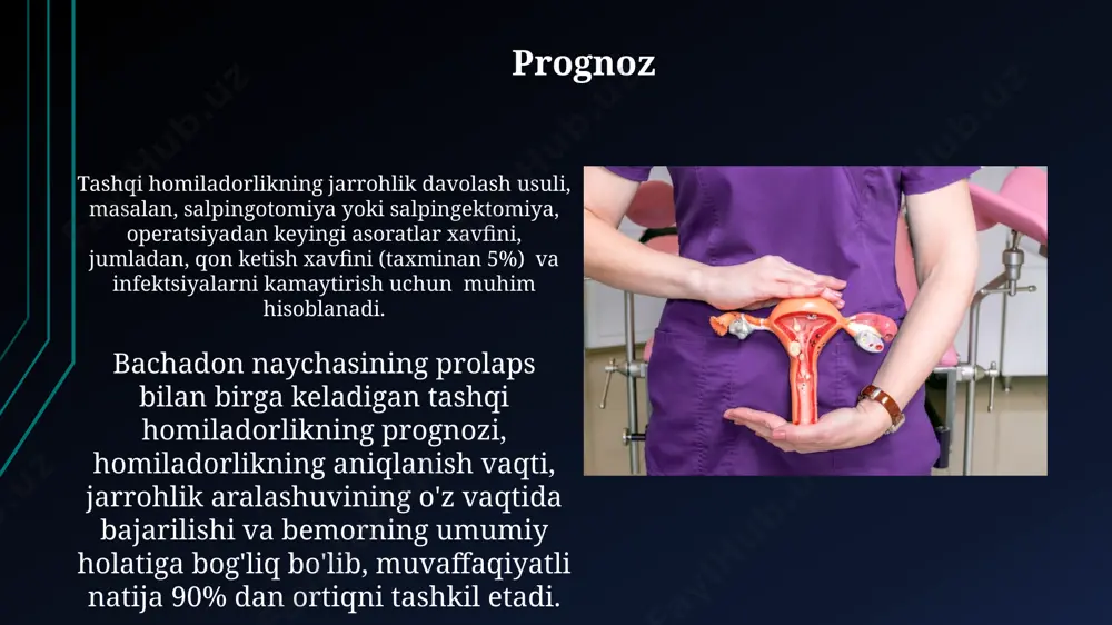 етади. ektopik homiladorlik va bachadon naychasi prolapsining sabablari bachadon naychasining prolapsisi, ya'ni uning tushishi, tug'ruqdan keyingi yallig'lanish jarayonlari (masalan, 30% hollarda salpingit), oldingi jarrohlik amaliyotlari yoki tug'ma nuqsonlar tufayli yuz berishi mumkin. ektopik homiladorlikning 10% gacha bo‘lgan hollari bachadon naychasining prolapsisi bilan bog‘liq bo‘lib, bachadon naychasining anatomik o‘zgarishlari va fallopiyev naychasi peristaltikasining buzilishi natijasida kelib chiqadi. asoratlar asoratlarning 30% gacha holatlarda tuxumdonlarning yallig'lanishi (oophorit) yoki bachadon naychalarining yallig'lanishi (salpingit) kabi qo'shimcha infeksiyalarni keltirib chiqarishi mumkin. jarrohlik aralashuvidan keyin, taxminan 10-15% hollarda, asoratlar natijasida qon ketishi va keyinchalik anemiya kuzatilishi mumkin. klinik ko'rinishlar va semptomlari taxminan 30% hollarda, bemorlarda bachadon naychasining prolapsasi bilan bog'liq palpasiya orqali aniqlanadigan palpasyon natijalari aniqlanadi, bu esa o'tkir yallig'lanish jarayonini ko'rsatadi va yuqori harorat (38-39°c) bilan birga keladi. bemorlarning 70% da vaginal qon ketish kuzatiladi, bu qon ketishning miqdori kamdan ko'pga farq qiladi va homiladorlikning 6-8 haftasida sodir bo'ladi. ayrim hollarda, og'riqlar va qon ketish bilan …