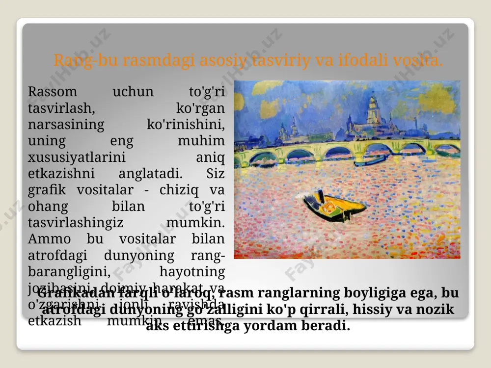 srning 2-yarmida venetsiyada kashf etilgan. bajarish texnikasi o'zgardi - vitraj oyna oynaga rasmga aylandi, qirib tashlash texnikasi maxsus rangli ko'p rangli oynada ishlatilgan. vitrajlarning ikkinchi tug'ilgan joyi - amerika. 19-asrning oxirida vitraj yangi uchishni boshdan kechirdi, lekin cherkovda emas, balki davlat va xususiy arxitekturada. rassom lui tiffani tarixga “tiffany texnikasi” nomi bilan kirgan vitraj texnologiyasini soddalashtirdi. tiffani yangi ifodali ranglarga ega bo'lgan oynaning yangi turlarini ixtiro qildi, izlandi g'ayrioddiy badiiy effektlar. tiffany kompaniyasining eng mashhur mahsulotlari - bu elektr lampalar uchun lampalar. tiffany. chiroq "wisteria" 1899-1925 mashinada yaratilgan (molbert) dastgoh rasmlari - rasm rasmning eng keng tarqalgan turi arxitektura bilan bog'liq emas, mustaqil ahamiyatga ega ichki va mamlakatlar bo'ylab osongina harakatlanadi dastlab ular daraxtga yozishgan (misr, qadimgi yunoniston, evropa-15-asrgacha). tuval 15-16 asrlarning boshlarida paydo bo'lgan. shimoliy italiyada (venetsiya, padua) tuvalga avval tempera, keyin moy bilan yozilgan rassomlik texnikasi: tempera va moy asosiy hisoblanadi akvarel, gouache, pastel-rasm va grafika o'rtasidagi oraliq …