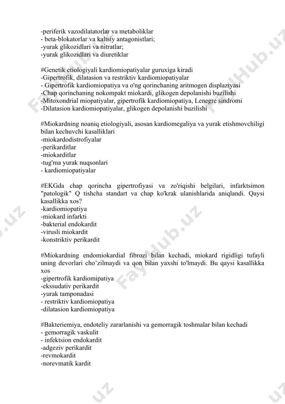 sitlar ko’payadi -anemiya, trombositopeniya, neytrofilez, antistreptolizin o oshadi #infektsion endokarditning patogenetik fazalari - birlamchi adaptasiya, nisbiy kompensasiya, dekompensasiya -patoximik, patofiziologik, immune yallig'lanishli -immune yallig'lanishli, distrofik, fibrinoz - infektsion-toksik, immun yallig'lanishli, distrofik -immunologik, patoximik, patofiziologik # 5 yoshli bolada kuchli tsianoz, tinchlik va zo'riqishda xansirash, xuruj paytida o’tirib olish xolati kuzatildi. ad — 110/70mmrtst. chss-115 ta min. auskultativ: yurak tonlari jarangdor, to'sh suyagi chap qismida ii-qovurg'a oralig'ida sistolik shovqin. exokg - qorinchalar aro to'siqning aortaga yaqin qismida defekt -1,6 sm. tashxisingiz: - botallov yo'lagi ochiqligi -qorinchalar aro to'siq nuqsoni -bo'lmachalar aro to'siq nuqsoni - fallo tetradasi -ebshteyn anomaliyasi #pediatr 1 yoshli bolada tug'ma yurak nuqsonini aniqladi. exokgda qorinchalar aro to'siqning membranoz qismida 0,3sm defekt aniqlandi. operasiyaga shoshilinch yuborish kerakmi? -defekt o'zi yopiladi, operasiya shart emas -xa, tezlik bilan operasiyaga yuboriladi - yo'q, operasiya uchun optimal vaqt - 3-4 yil -bunday defekt sog'lom odamlardayam uchraydi -operasiyani o'smirlik yoshida amalga oshirilsayam bo'ladi #5 …