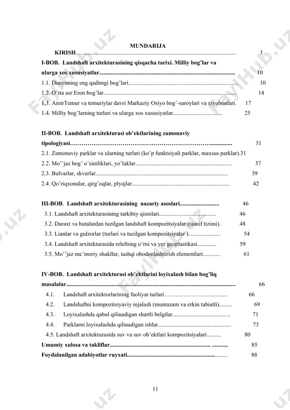 shaft arxitektorlarining faoliyat turlari……………………........... 66 4.2. landshaftni kompozitsiyaviy rejalash (muntazam va erkin tabiatli)......... 69 4.3. loyixalashda qabul qilinadigan shartli belgilar........................................ 71 4.4. parklarni loyixalashda qilinadigan ishlar.................................................. 73 4.5. landshaft arxitekturasida suv va suv ob’ektlari kompozitsiyalari.......... 80 umumiy xulosa va takliflar..................................................................... ........... 85 foydalanilgan adabiyotlar ruyxati..................................................................... 88 kirish landshaft- o’z qonun-qoidalari bo’lgan tirik organizmdir. (http://www.landstyle.ru/) dissertatsiya mavzusining dolzarbligini aniqlash. me’morchiligimizning joylardagi rivojiga, respublikamizning yuragi – toshkentda mustaqilligimiz bosh me’mori, yurtboshimiz tashabbuslari bilan yaratilayotgan shaharsozlik, me’morchilik va landshaft arxitekturasi namunalari andoza bo’lmoqda. prezidentimiz qarorlari bilan qator allomalar va tarixiy shaharlar yubileylarini o’tkazish tadbirlari asosida toshkent, samarqand, buxoro, urganch, termiz, qarshi, shahrisabz, namangan, marg’ilon, quva shaharlari tanib bo’lmas darajada obodonlashtirildi va ko’kalamzorlashtirildi [1]. o’zbekiston respublikasi prezidenti i.a. karimovning “jaxon moliyaviy-iqtisodiy inqirozi, o’zbekiston sharoitida uni bartaraf etishning yo’llari va choralari” kitobida belgilangan vazifalardan kelib chiqqan holda mazkur dissertatsiyada landshaft arxitekturasining iloji boricha tejamli iqtisodiy yechimlarini izlab topish, aholi uchun qulay va oson bo’lgan joylarga …