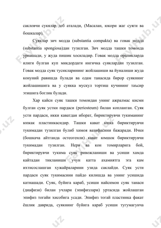 ий фосфат, кальций карбонат, кальций фторид, магний фосфат, натрий борат ва натрий хлорид киради. суяк моддасининг 2\3 кисмини анорганик моддалар; 1\3 кисмини органик моддалар (оссеомукоид ва оссеин) ташкил килади. мана шундай кушилиш туфайли суяк мустахкам, таранг ва чузилувчан булади.организм канчалик ёш булса, унинг суякларида шунчалик анорганик модда, нисбатан камрок ва органик модда купрок ва аксинча, организм канчалик кари булса, шунчалик органик моддалар камрок ва анорганик моддалар (кальций тузлари) купрок булади. химиявий таркиб суяк хусусиятига таъсир килади. организм канчалик ёш булса, унинг суяклари шунчалик чузилувчан, таранг, кам рок синувчан булади. шу туфайли ёшлик даврида суяк синиши кари вактдагига караганда деярли кам содир булади. синартрозлар. синартрозлар (synarthrosis) деб, суякларнинг бириктирувчи тукима ёки тогай ёрдамида узлуксиз бирикишига айтилади. бундай бирикишда суяклар нихоят чегараланган кам харакатчан ёки деярли харакат килмайди. суякнинг узи хам бириктирувчи тукима булишим мумкин. суякларнинг бир-бири билан тогай ёрдамида бирикиши синхондроз (junctura cartilaginea s/ sinhondrosis) деб аталади. суякларнинг бир-бири билан суяк …