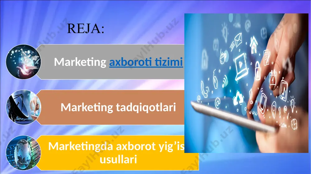 lash; - yangi tovarga bo’lgan ta’sirni o’rganish va uning hajmini bilish; -uzoq muddatli prognozlash; -narxlar siyosatini o’rganish. marketingda axborot yig’ish usullari marketing axboroti tahlili tizimi-bu tahlilning zamonaviy usullari to’plamidir. marketing axboroti tahlilining har qanday tizimi asosida statistik bank va modellar banki yotadi. . sotuvchilar bozorga tovarlar, xizmatlar va kommunikativ axborot (reklama, pochta jo’natmalari va h.) an’anaviy tarzda «bozor» deganda, tovar ayirboshlash uchun xaridor va sotuvchilar uchrashadigan joy tushuniladi marketing axborot ta’minotining axborot yig’ish usullari, axborot bozorining ta’rifi va marketing axborotlarini tahlil etish vazifalari marketing axboroti bozori bugungi kunda bozorlar faoliyat yuritishning ikkita shaklini ajratadilar – moddiy va fazoviy. bozor moddiy kategoriya sifatida – bu biz xarid qilish uchun boradigan do’kon; zamonaviy texnologiyalar yordamida faoliyat yurituvchi fazodagi (mavhum) bozor – bu xaridlarni internet tarmog’i orqali amalga oshirishdir. elektron tijorat – onlayn (jonli) rejimda amalga oshiriladigan bitimlar – xaridorlarga ham, sotuvchilarga ham ko’p ustunliklar yaratadi, shu jumladan, bitimni amalga oshirish qulayligi, tejamkorlik, …