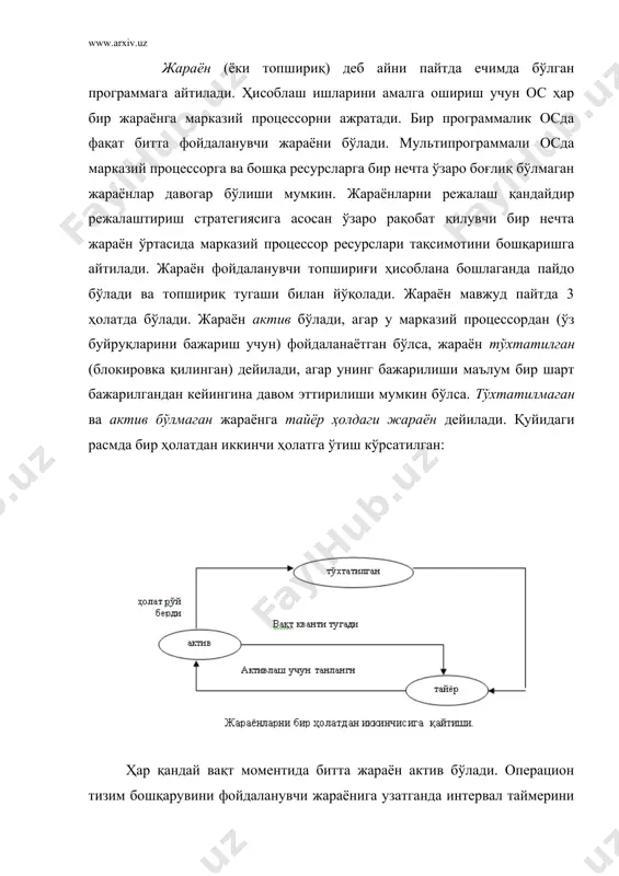 ганда тўхтатилган жараён активлашишига даъвогар бўлиши мумкин. бир жараён тугагунча бир неча марта актив-тўхтатилган-тайёр ҳолатларда бўлиши мумкин. бу ҳолатлар ҳисоблаш натижасига таъсир қилмаслиги учун унинг ҳолати сақлаб қолиниши керак. осда ҳар бир жараённинг ҳолати жараён ҳолати блокида (psb) сақланади. унда жараён қайси ҳолатда бўлганлиги, машина регистрларини сақлаш адреси ва бошқа маълумотлар сақланади (pc ва sw қийматлари). psb учун зарур маълумотларни от қуйидагилардан олиши мумкин: · вақт кванти бўйича маълумотни таймер бўйича узилиш соҳасидан; · бошқарув узатилган жараён ҳақидаги маълумотни sw узилиш соҳасидан олади. диспетчирликда фойдалниладиган алгоритмнинг умумий кўриниши : procedure dispatch; актив жараён psbси янгилансин (актив жараён бўлса); навбатдаги тайёр жараён танлансин ва унга бошқарув узатилсин; if таймер жараён топилган бўлса then begin танланган жараён актив деб белгилансин; sti буйруғи билан вақт кванти ўрнатилсин; lps буйруғи билан танланган жараёнга бошқарув узатилсин; end else lps буйруғи билан марказий процессор бўш ҳолатига келтирилсин. бошқарув бир жараёндан иккинчисига узатилганда, шу жараённинг қандай сабаб …