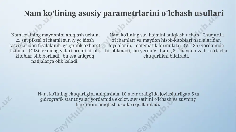 nam ko'liga tushadigan suv oqimining o'rtacha yillik hajmi (taxminan 5 mln. m³) ham hisobga olingan. hisob-kitoblar nam ko'lining 15 km² maydonini va o'rtacha chuqurligi 2 metrligini inobatga olgan holda amalga oshirilgan bo'lib, suv hajmini aniqlash uchun geometrik usul qo'llanilgan. nam ko'lining suv oqimini o'lchash nam ko'lining suv oqimini o'lchashda, chirchiq daryosi quyilish joyidan 5 km masofada joylashgan gidrometrik stantsiyaning ma'lumotlaridan foydalanib, o'rtacha suv sarfi 15-20 m³/sek ga baholandi. nam ko'l suv oqimining tezligini aniqlash uchun, 10 ta nuqtada, har bir nuqtada 3 marta o'lchov olib, o'rtacha tezlikni hisoblash usuli qo'llanildi. o'lchovlar 2023 yilning iyul oyida o'tkazildi. suv oqimini hisoblashda, ko'lning kesimi 200 m², o'rtacha suv tezligi esa 0,75 m/sek deb qabul qilinganda, hisob-kitoblarga ko'ra suv oqimi taxminan 150 m³/min bo'ldi. nam ko'lining suvining kimyoviy tarkibini tahlil qilish nam ko'lining chortoq daryosi bilan tutashgan qismida olingan suv namunalarida nitratlarning konsentratsiyasi 10 mg/l dan yuqori bo'lib, azotli birikmalar kirishining yuqori darajasini ko'rsatadi. …