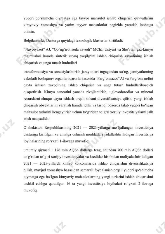 arning yangi turlarini ishlab chiqarishni tashkil etishga qaratilgan 16 ta yangi investitsiya loyihalari ro‘yxati 2-ilovaga muvofiq. i bob. makromolekulyar birikmalar fani nimani oʻrganadi. 1.1. makromolekulyar birikmalar fani nimani oʻrganadi mavzuning dolzarbligi: tirik tabiatning asosini organik yuqori molekulyar birikmalar tashkil qiladi. polisaxaridlar, lignin, oqsillar, pektin moddalar o’simlik dunyosining asosiy tarkibiga kirib yuqori molekulyar birikmalardan iborat. makromolekula - oʻzaro kovalent bogʻlar orqali birikkan oʻn mingdan yuz minggacha atomlardan tuzilgan yirik molekula. makromolekula zanjirida elementar zveno (maʼlum sondagi atomlar guruhi) juda koʻp marta takrorlanadi, shuning uchun ham uni kup sonli bir xil yoki har xil kichik molekulalardan (bir necha minggacha) hosil boʻladigan molekula deb kabul kilsa boʻladi, polivinil xlorid molekulasi tarkibidagi — ch2—ch— guruhi soni hatto 3000 ga yetishi mumkin. kimyoviy tarkibi bir xil, ammo mol. m. har xil, yaxlit boʻlib reaksiyaga kirishadigan makromolekulalar yigʻindisidan tashkil topgan moddalarga yuqori molekulali birikmalar (polimerlar) deyiladi; ular tabiiy (polisaharidlar, polipeptidlar, tabiiy kauchuk) va sintetik (plastmassalar, elastomerlar, …